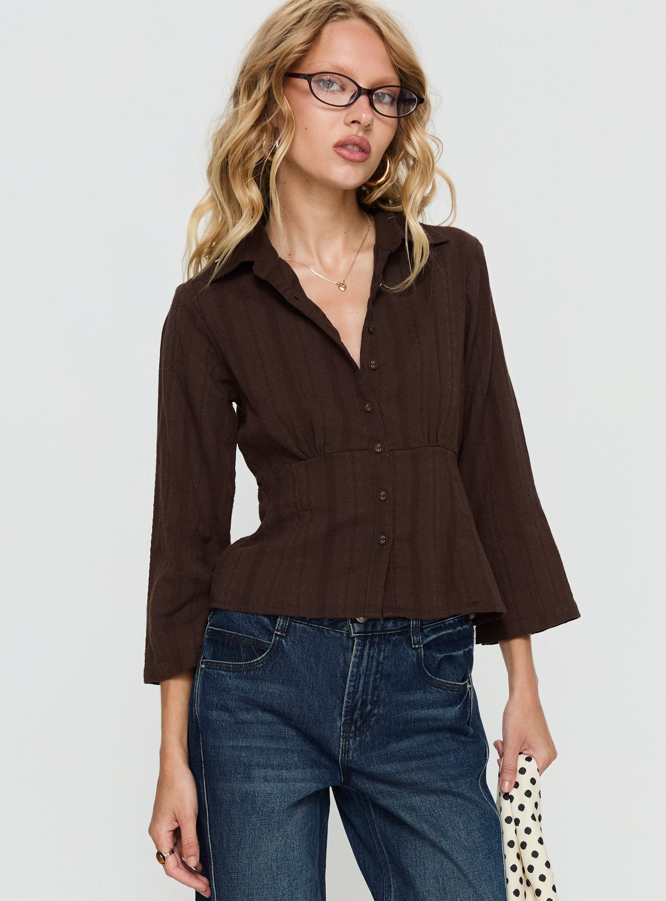 Taelynn 3/4 Sleeve Button Up Shirt Chocolate - Image 2