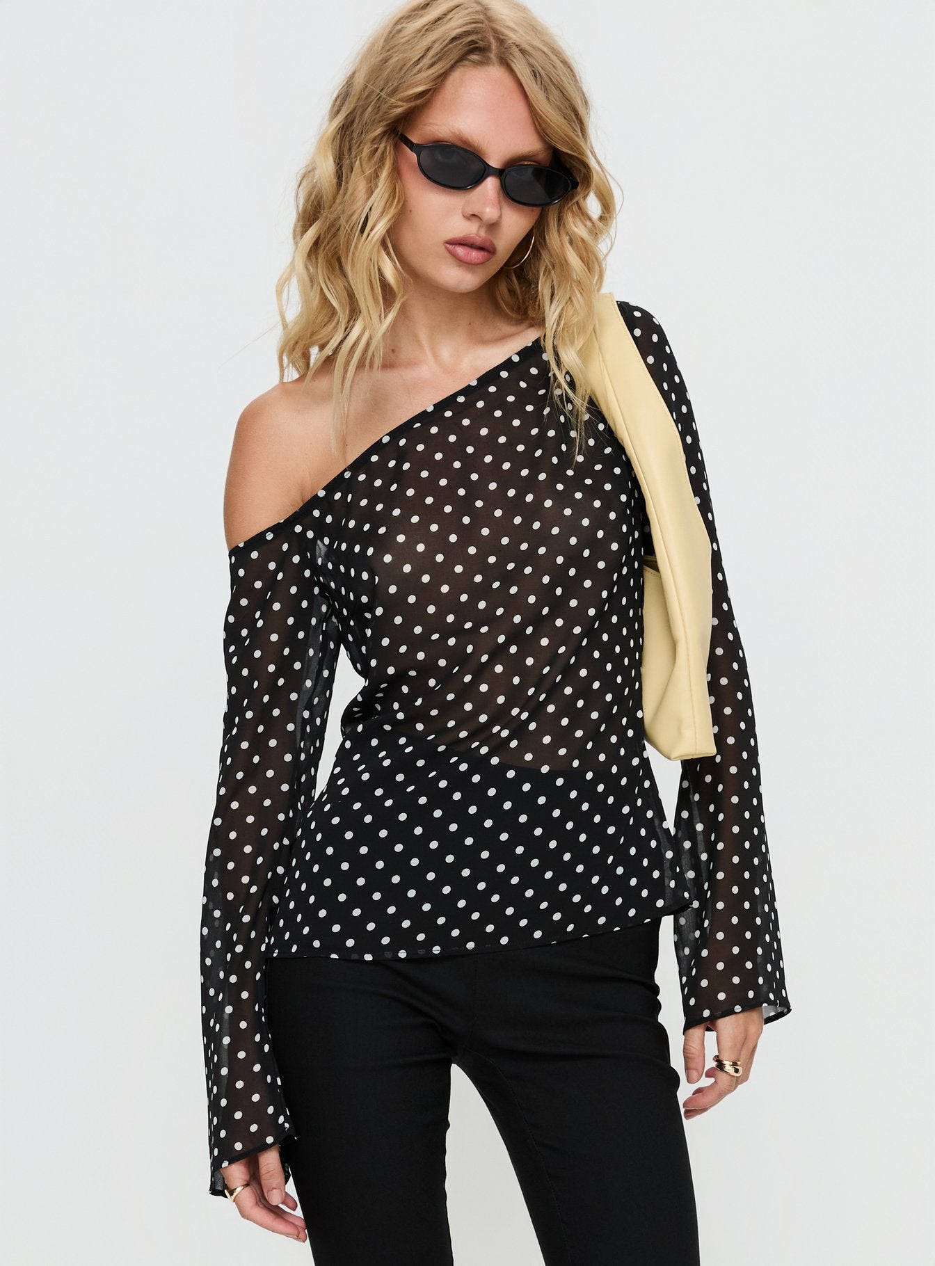 Alternative view of Shiona Sheer One Shoulder Long Sleeve Top Black Polka
