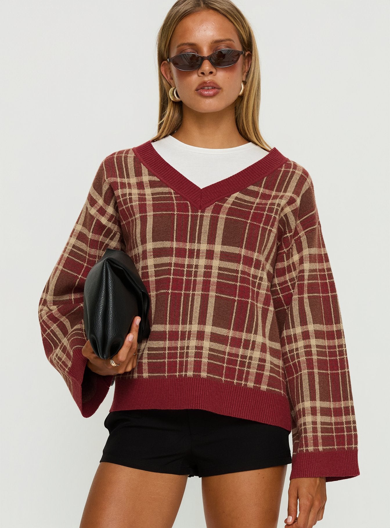 Alternative view of Sydda V Neck Knit Sweater Red Plaid