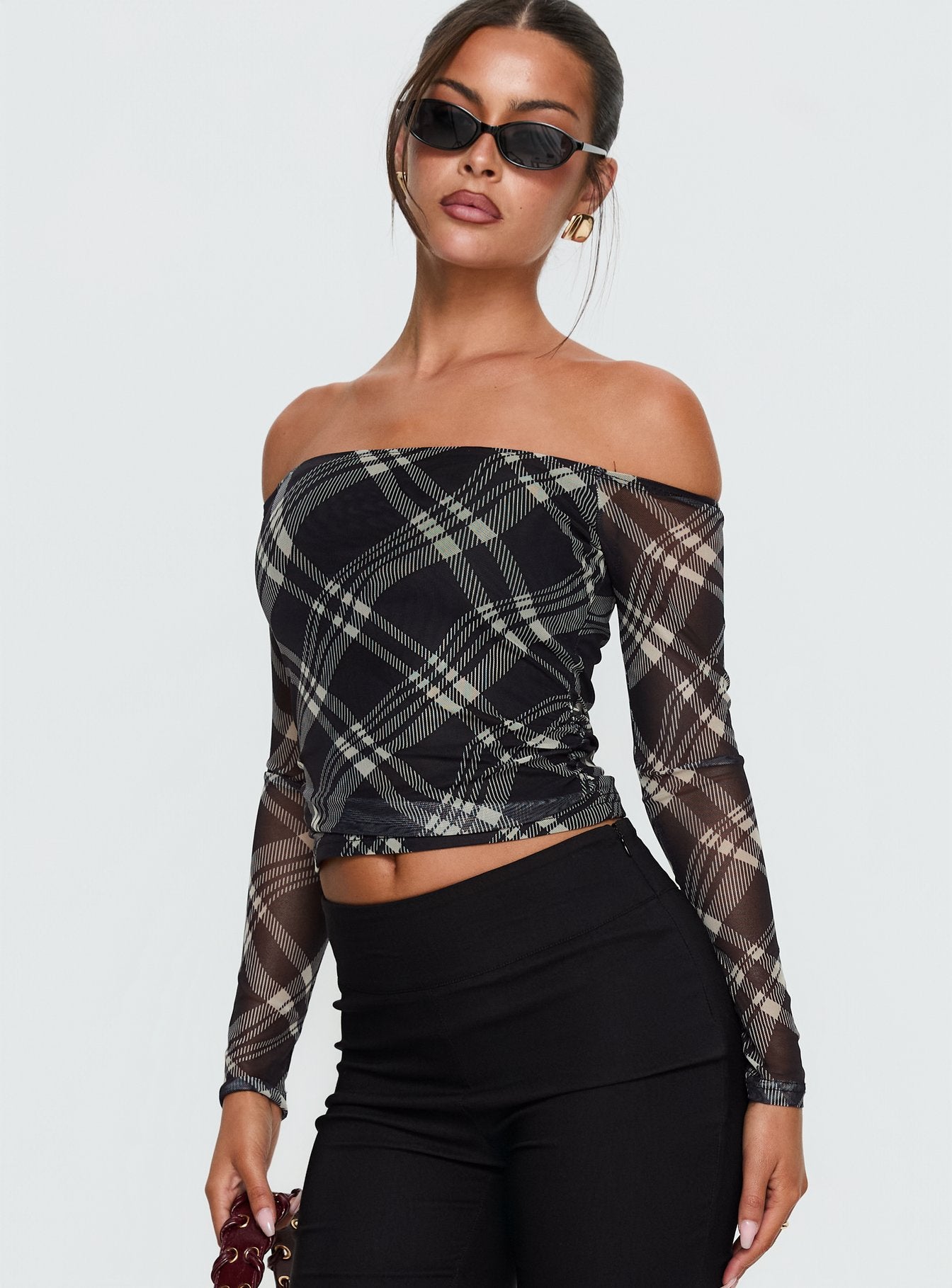 Alternative view of Siarah Off Shoulder Long Sleeve Top Multi Check