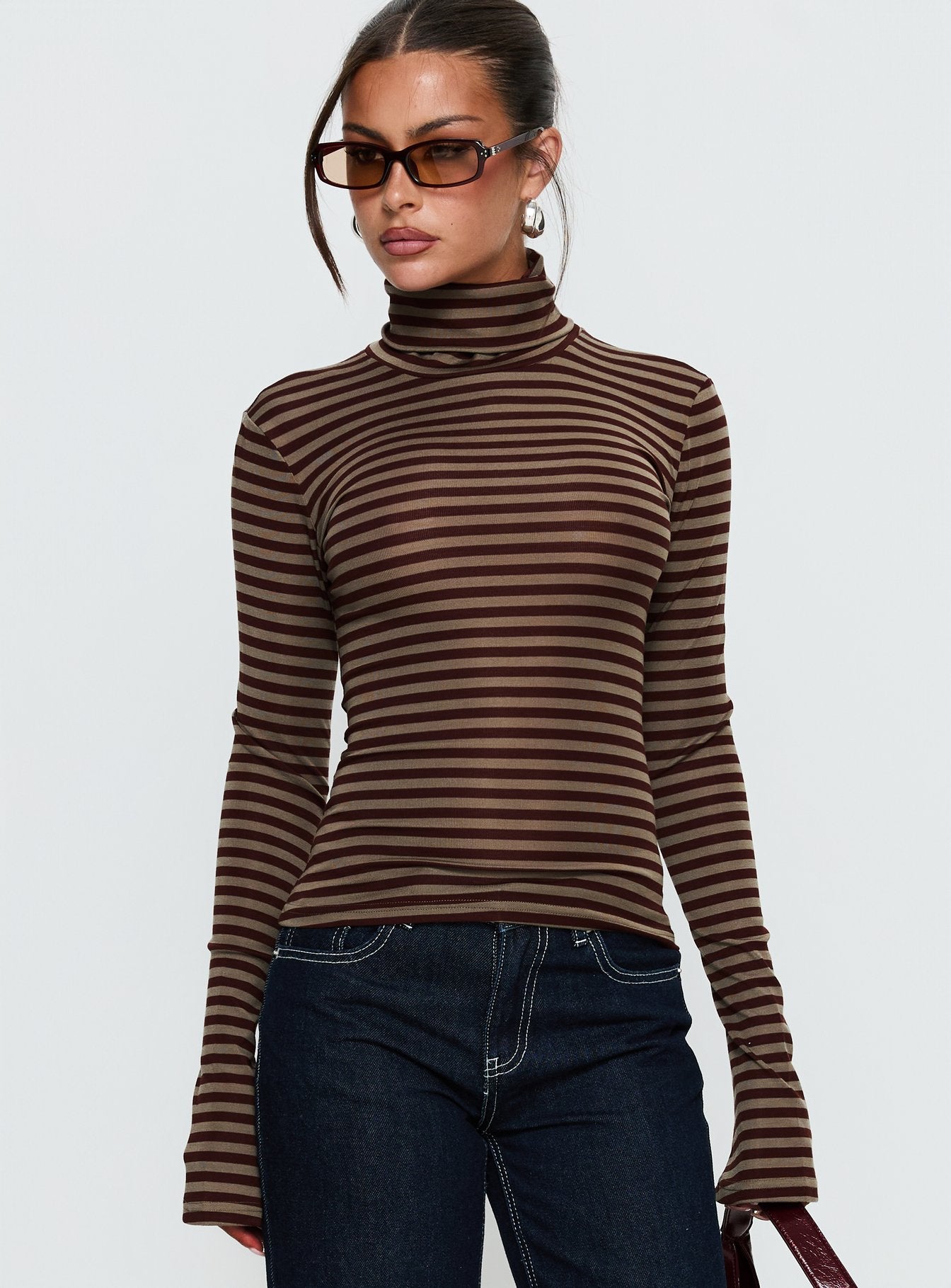 Alternative view of Temika Long Sleeve Backless Top Brown Stripe