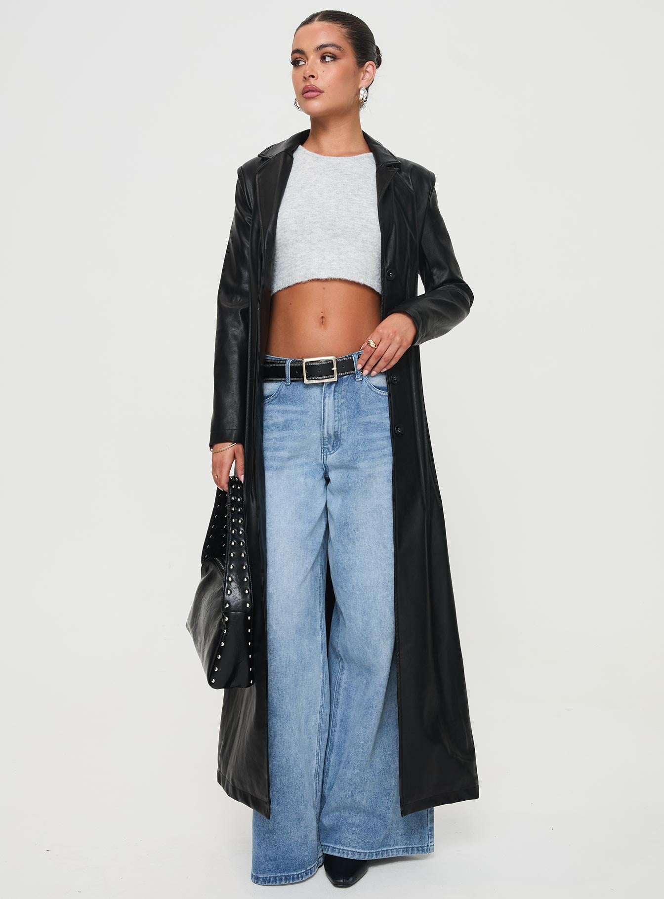 Alternative view of Speak Easy Long Line Faux Leather Coat Black