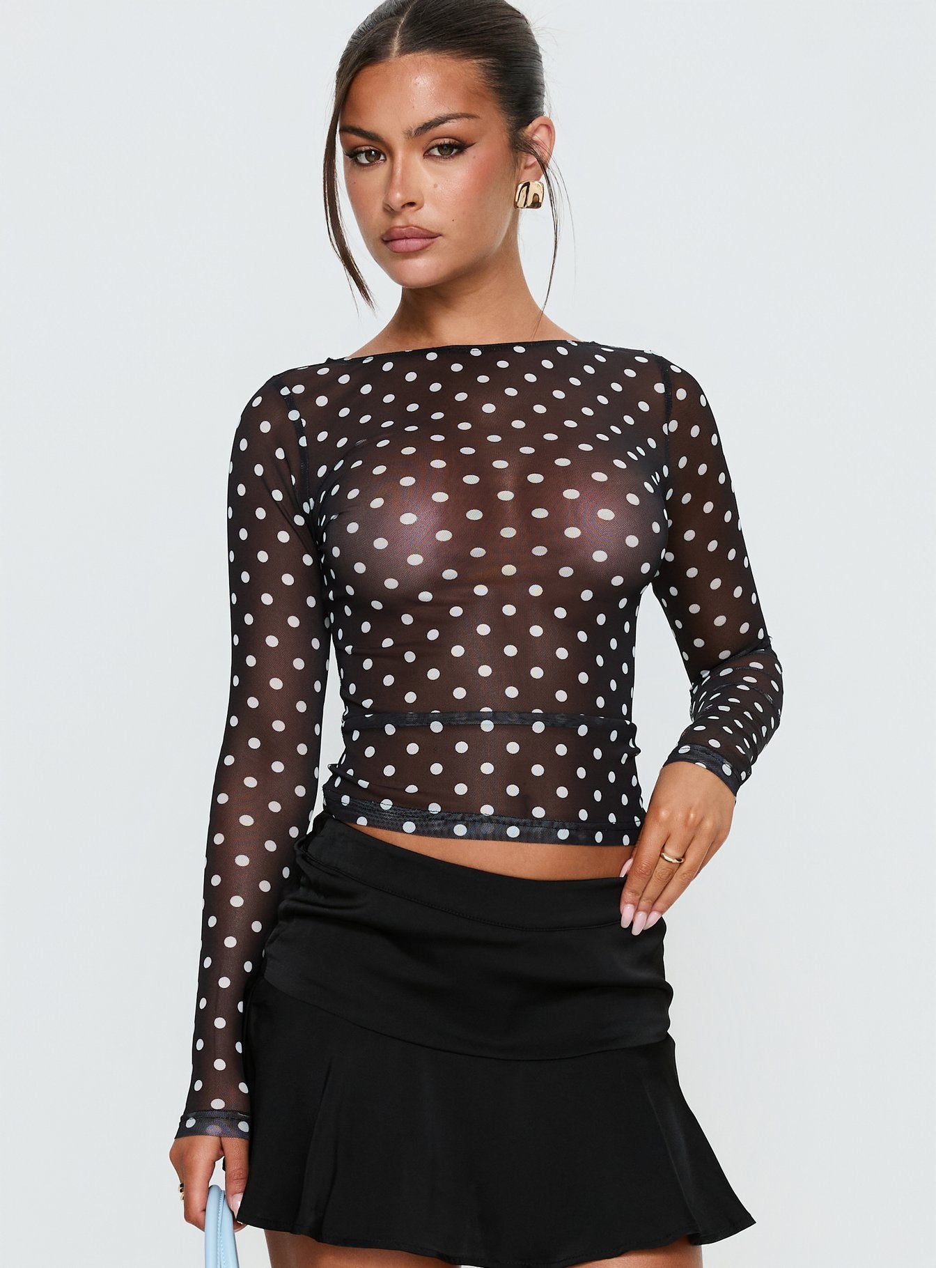 Alternative view of Rosenda Mesh Long Sleeve Top Black / White Polka