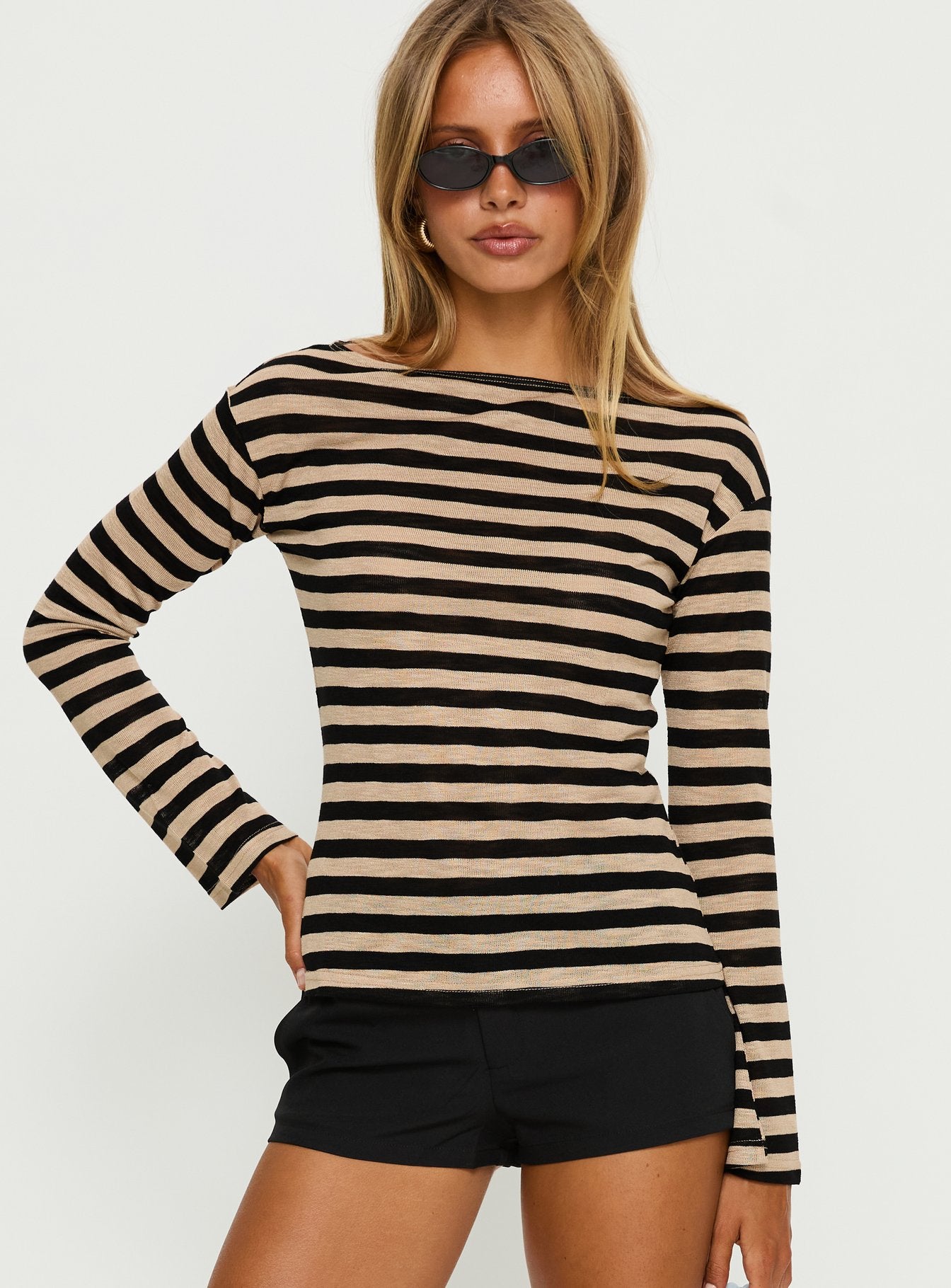 Alternative view of So Composed Boat Neck Long Sleeve Top Latte Stripe