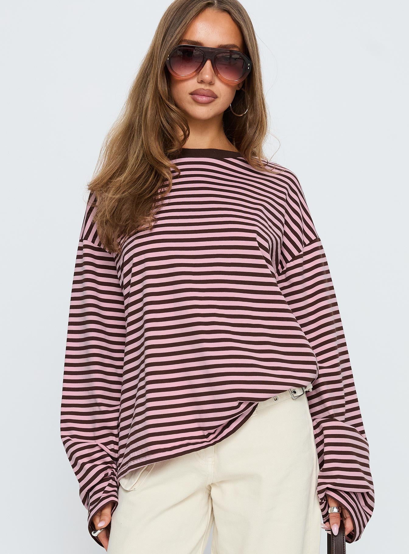 Alternative view of Settle Down Long Sleeve Top Pink / Brown Stripe