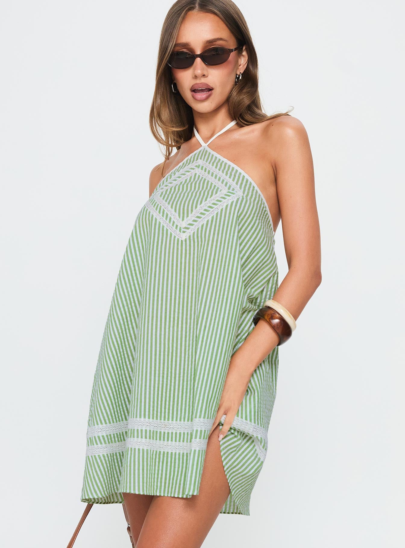 Alternative view of River Rose Anglais Swing Mini Dress Green Stripe