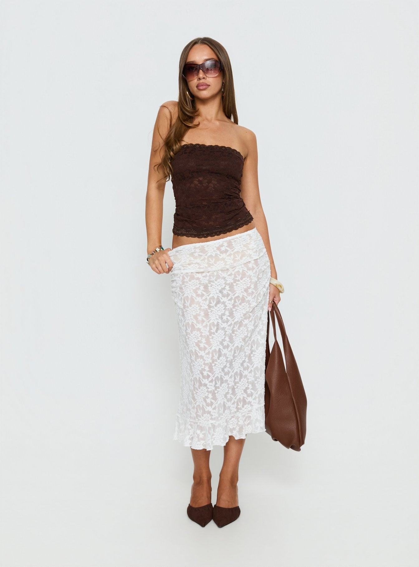 Alternative view of Toscani Lace Frill Midi Skirt White