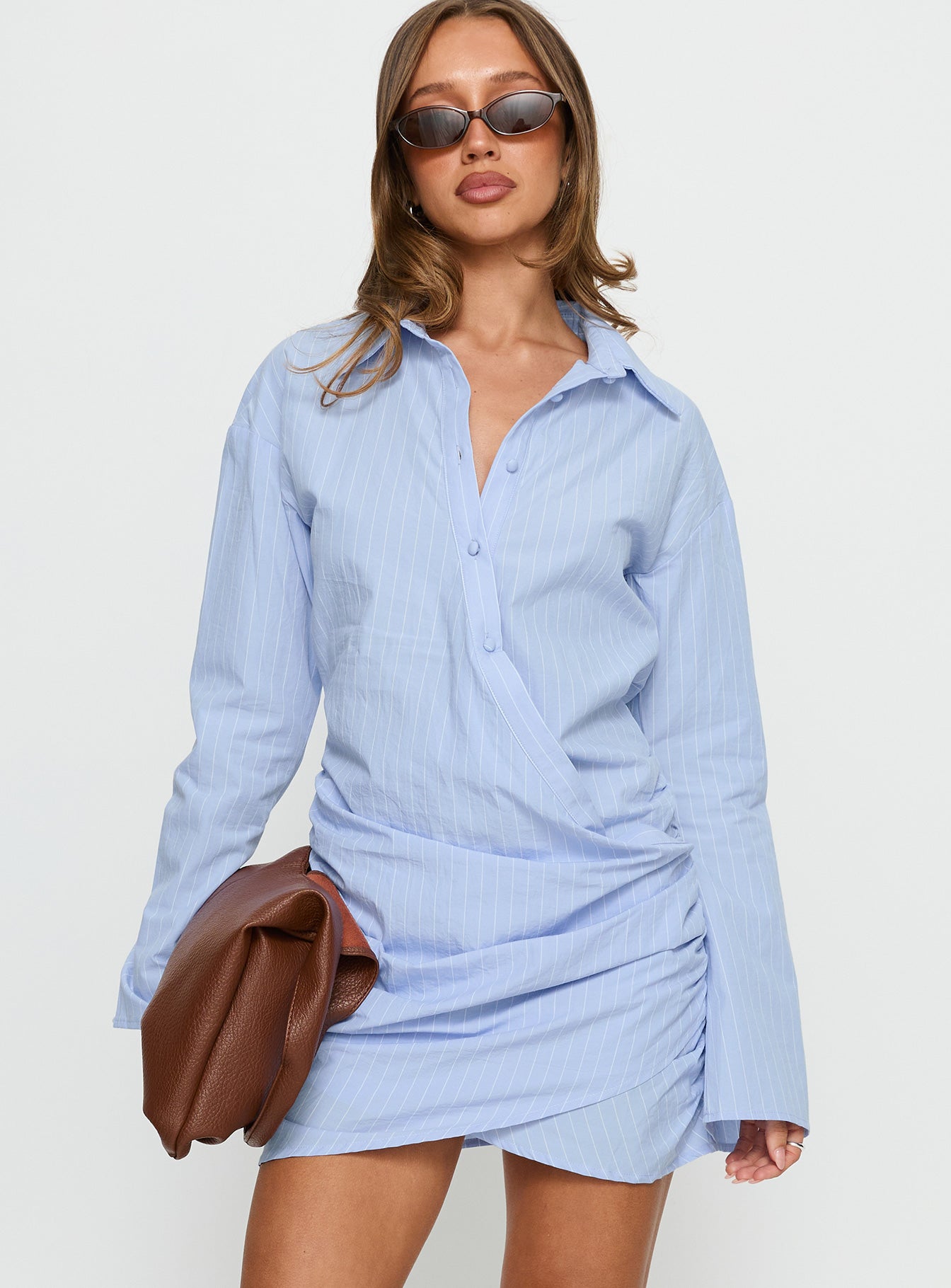 Alternative view of Well Versed Long Sleeve Ruched Shirt Mini Dress Blue