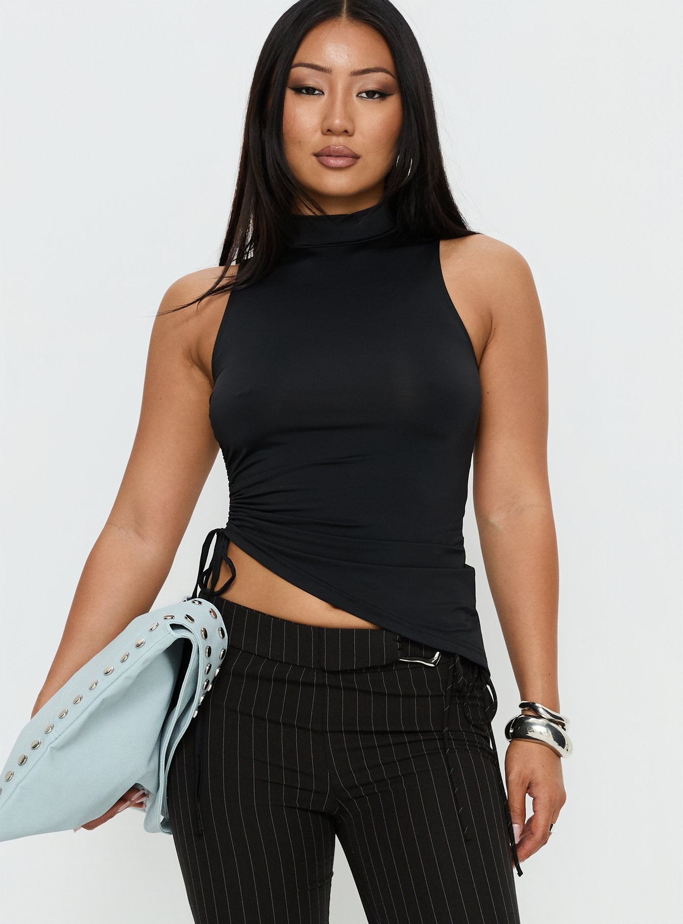 Saveria Tie Detail High Neck Top Black - Image 2
