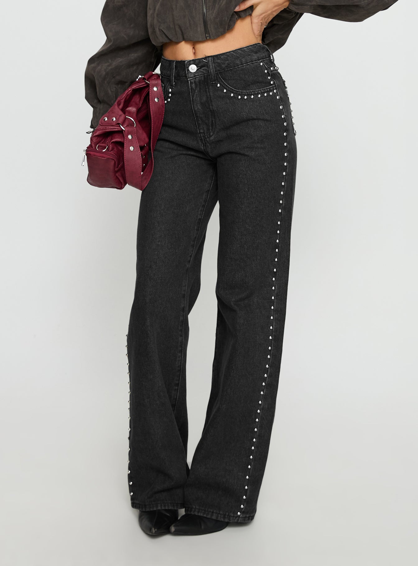 Alternative view of Saving Up Mid Rise Straight Leg Studded Jeans Jet Black