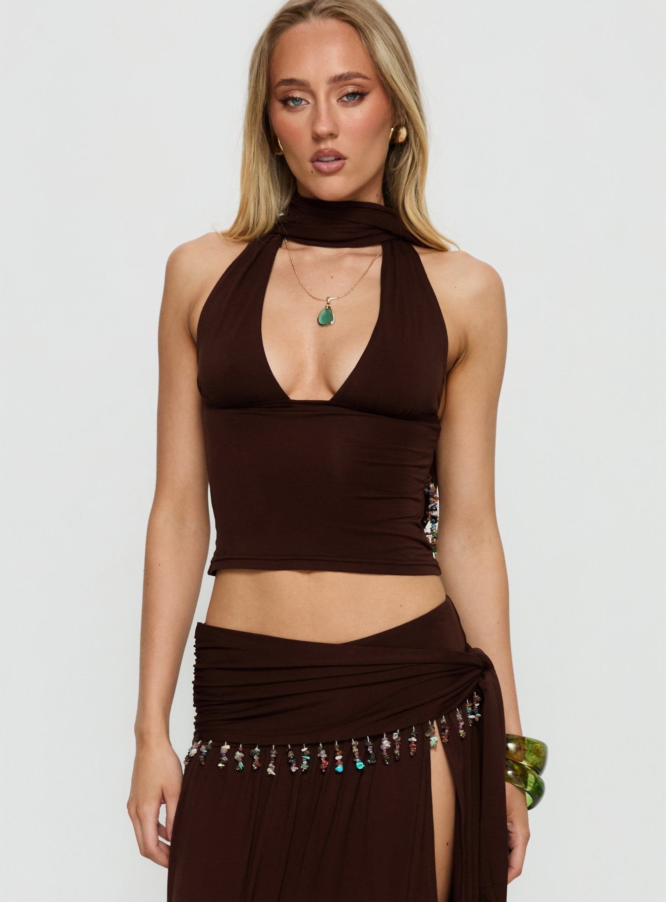 Alternative view of Spirita Beaded Halter Top Brown