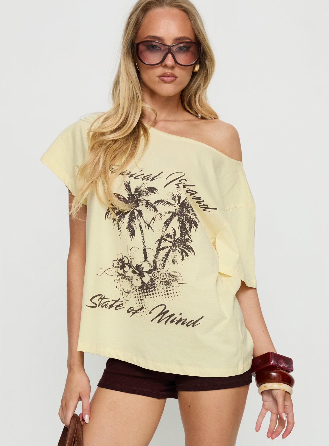 Alternative view of Tropical Islands Off Shoulder Graphic Tee Yellow