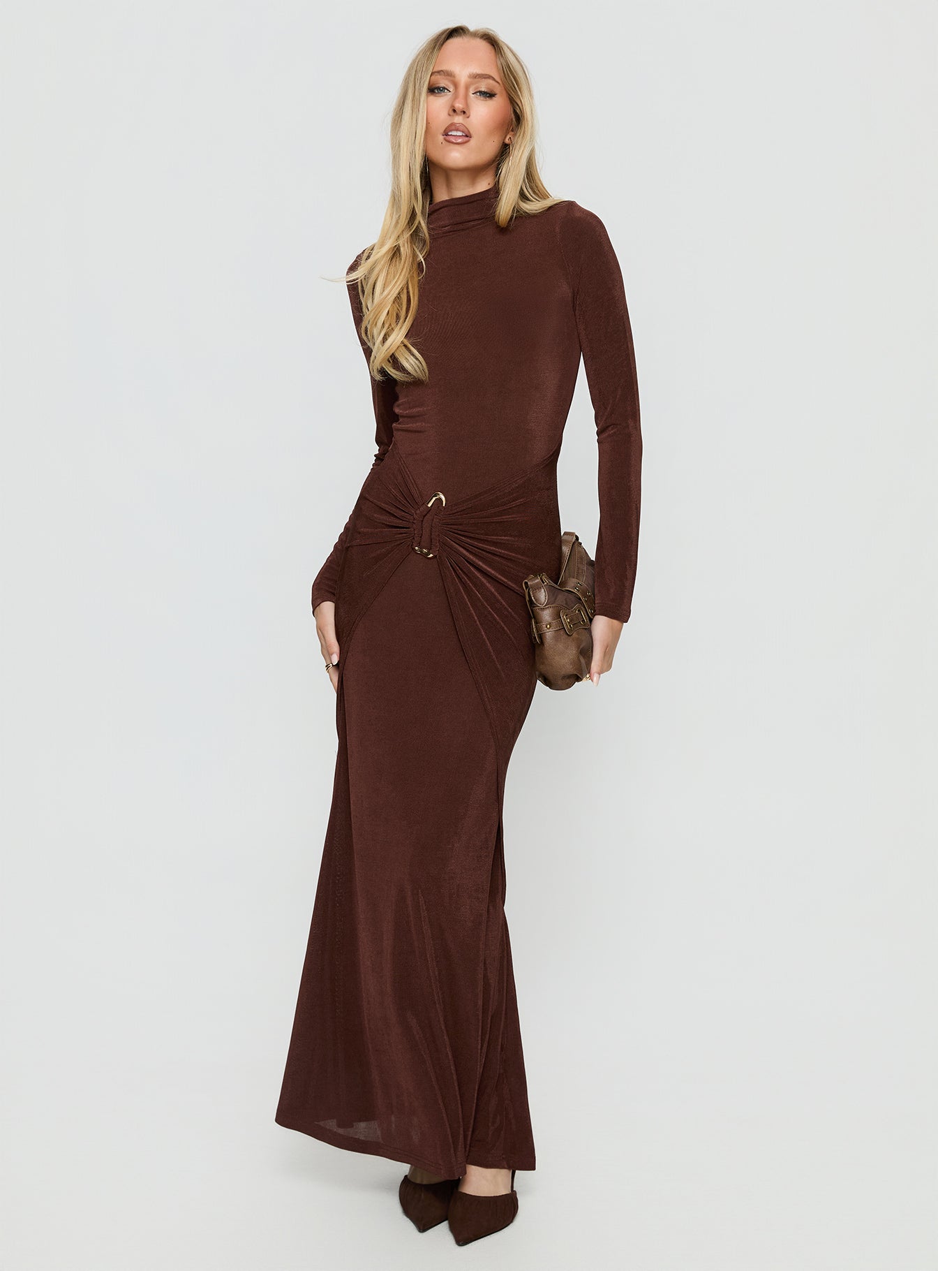 Alternative view of Yaqueline Long Sleeve Ruched Maxi Dress Chocolate
