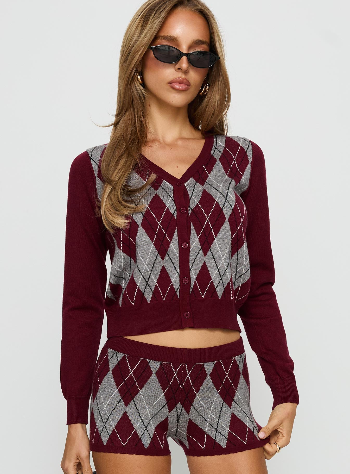 Alternative view of Raiven Knit Cardigan Burgundy Argyle