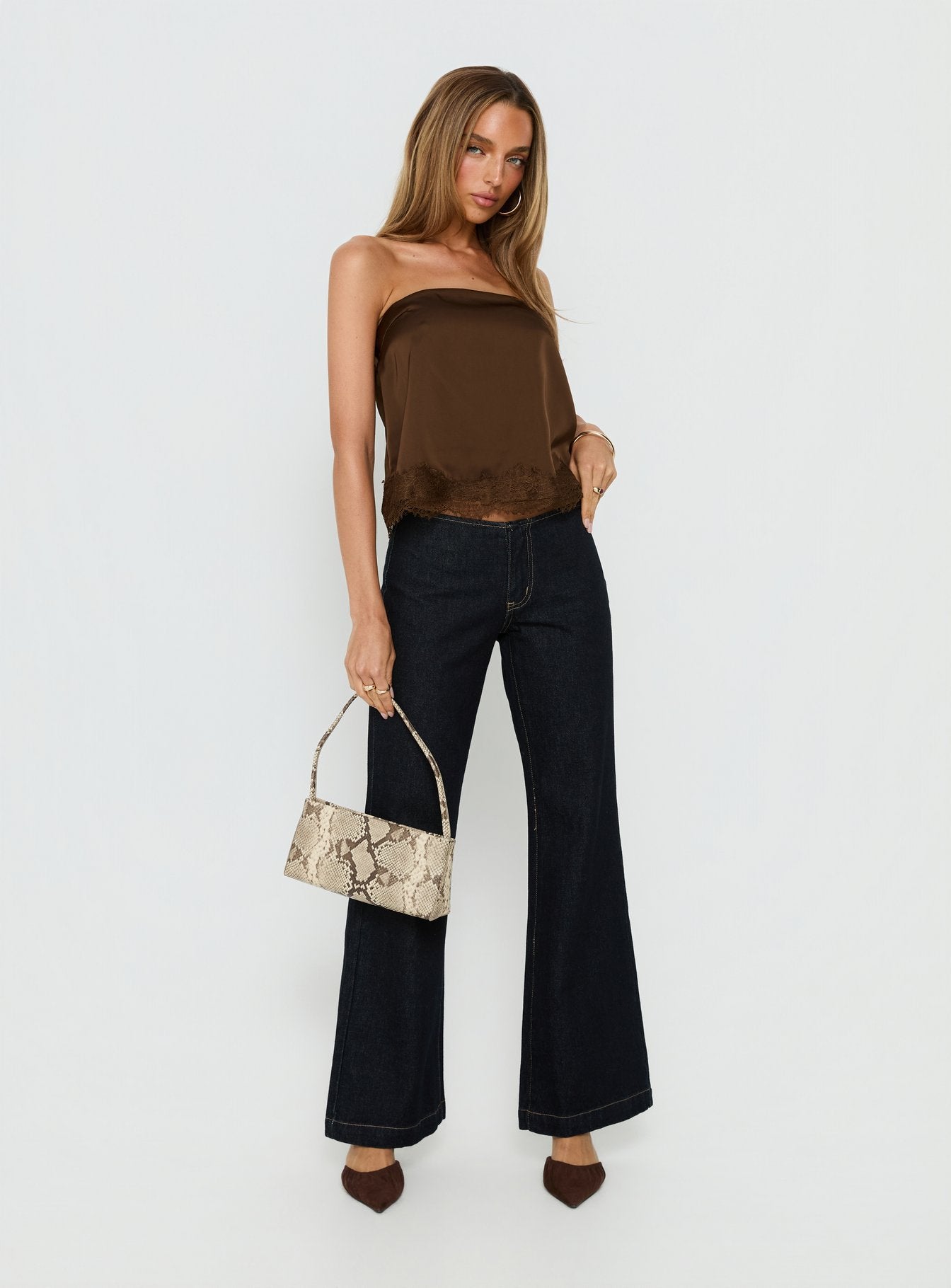 Alternative view of Sheyla Strapless Satin Lace Trim Top Chocolate