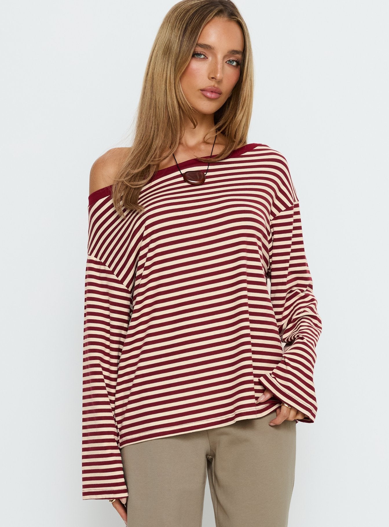Alternative view of Ralyssa Off Shoulder Long Sleeve Top Red Stripe