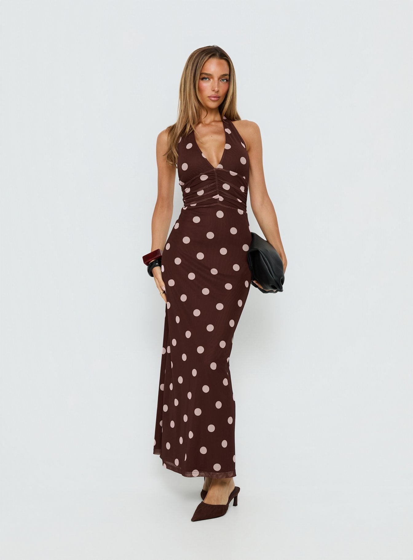Alternative view of Saviana Halter Ruched Maxi Dress Chocolate / Pink Polka Dot