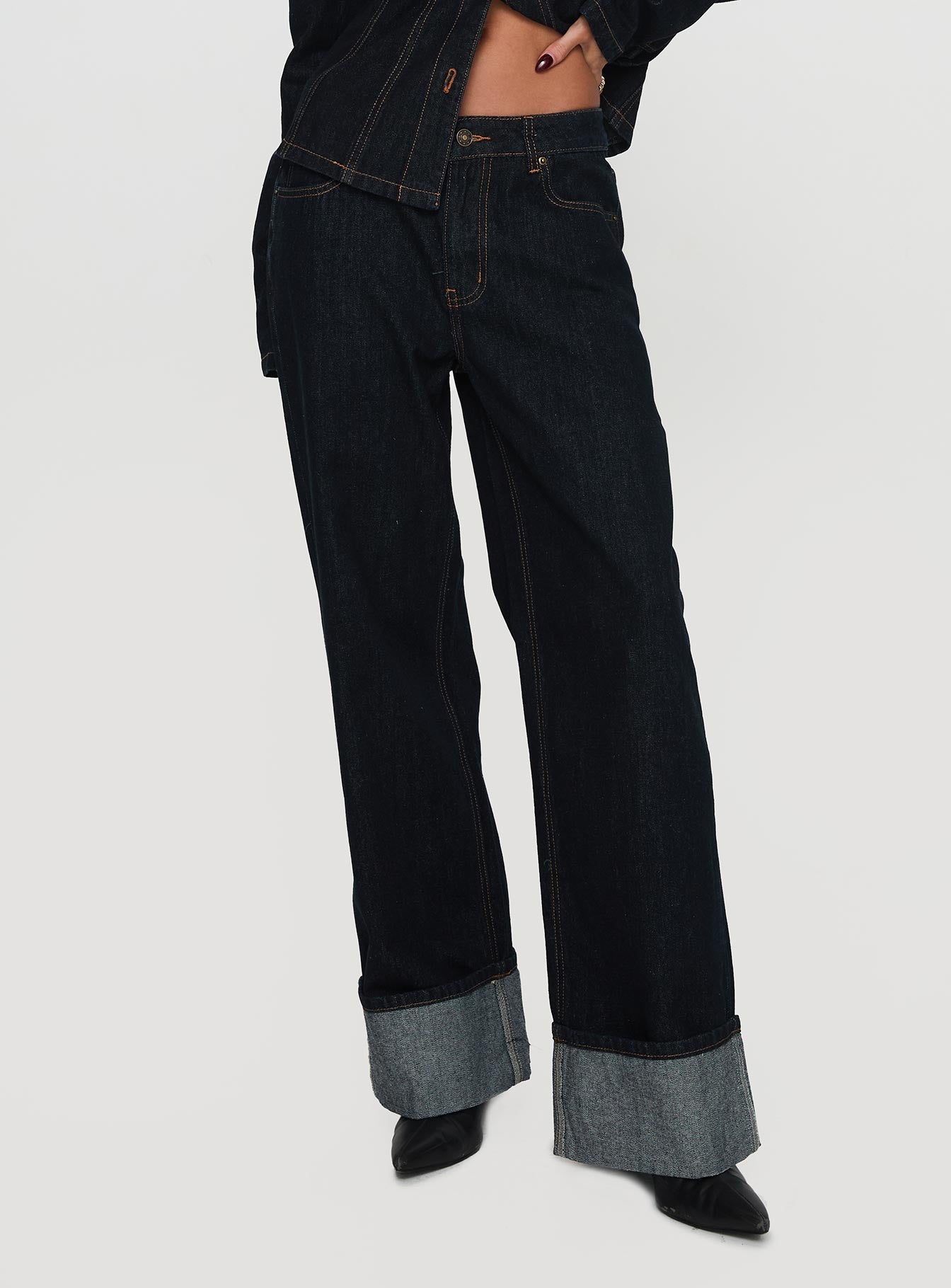 Alternative view of Top Model Low Rise Straight Leg Cuffed Jean Dark Denim