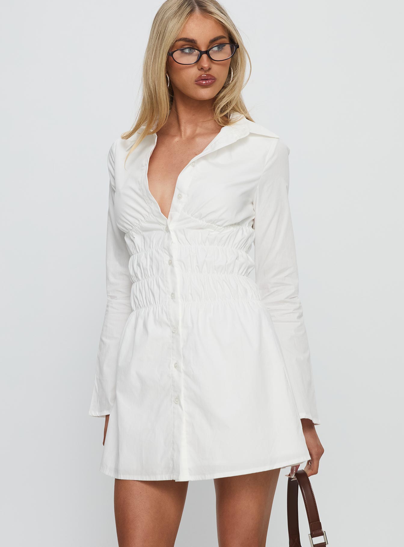 Alternative view of Stellaria Ruched Long Sleeve Mini Dress White