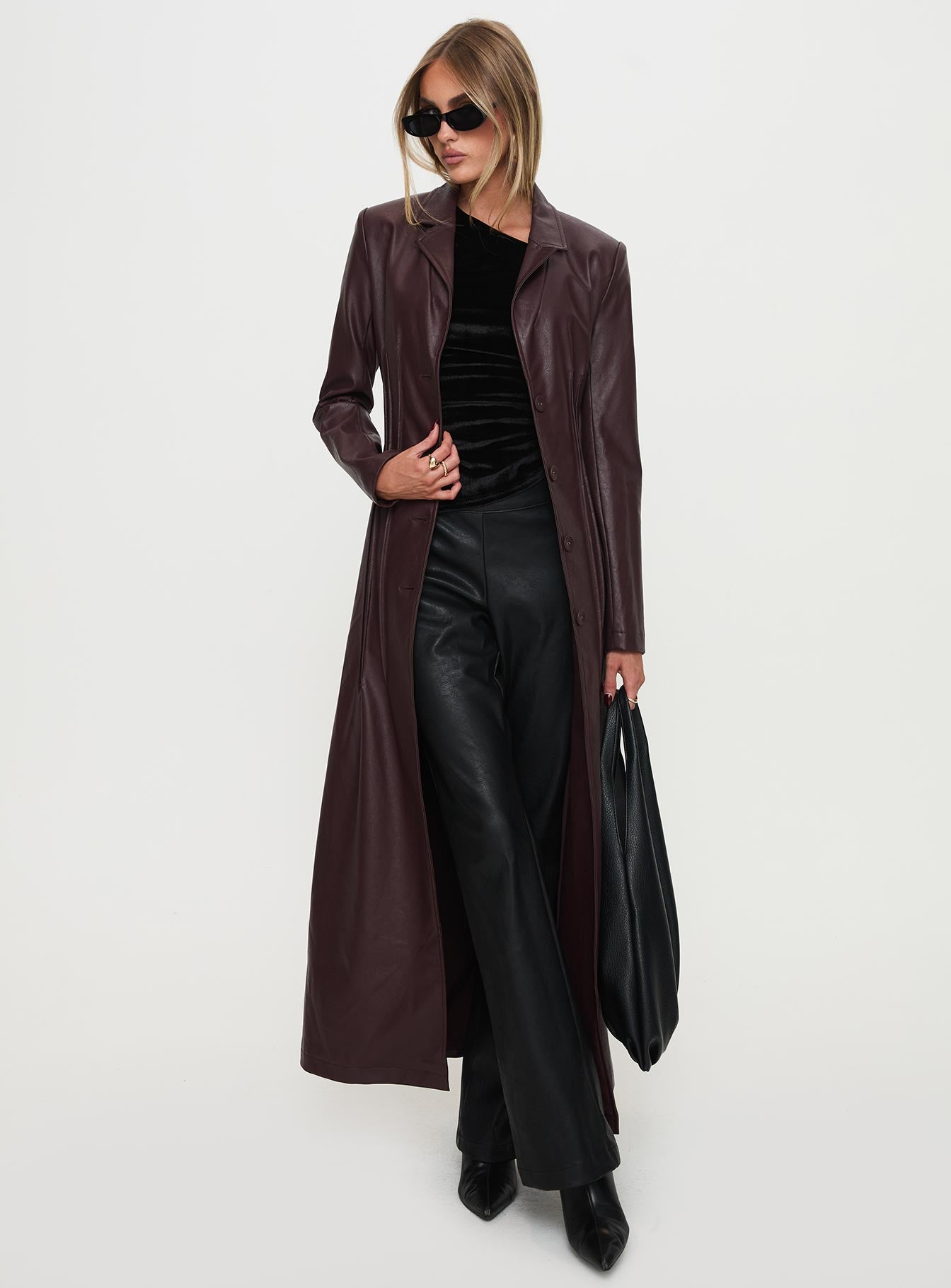 Alternative view of Speak Easy Long Line Faux Leather Coat Burgundy