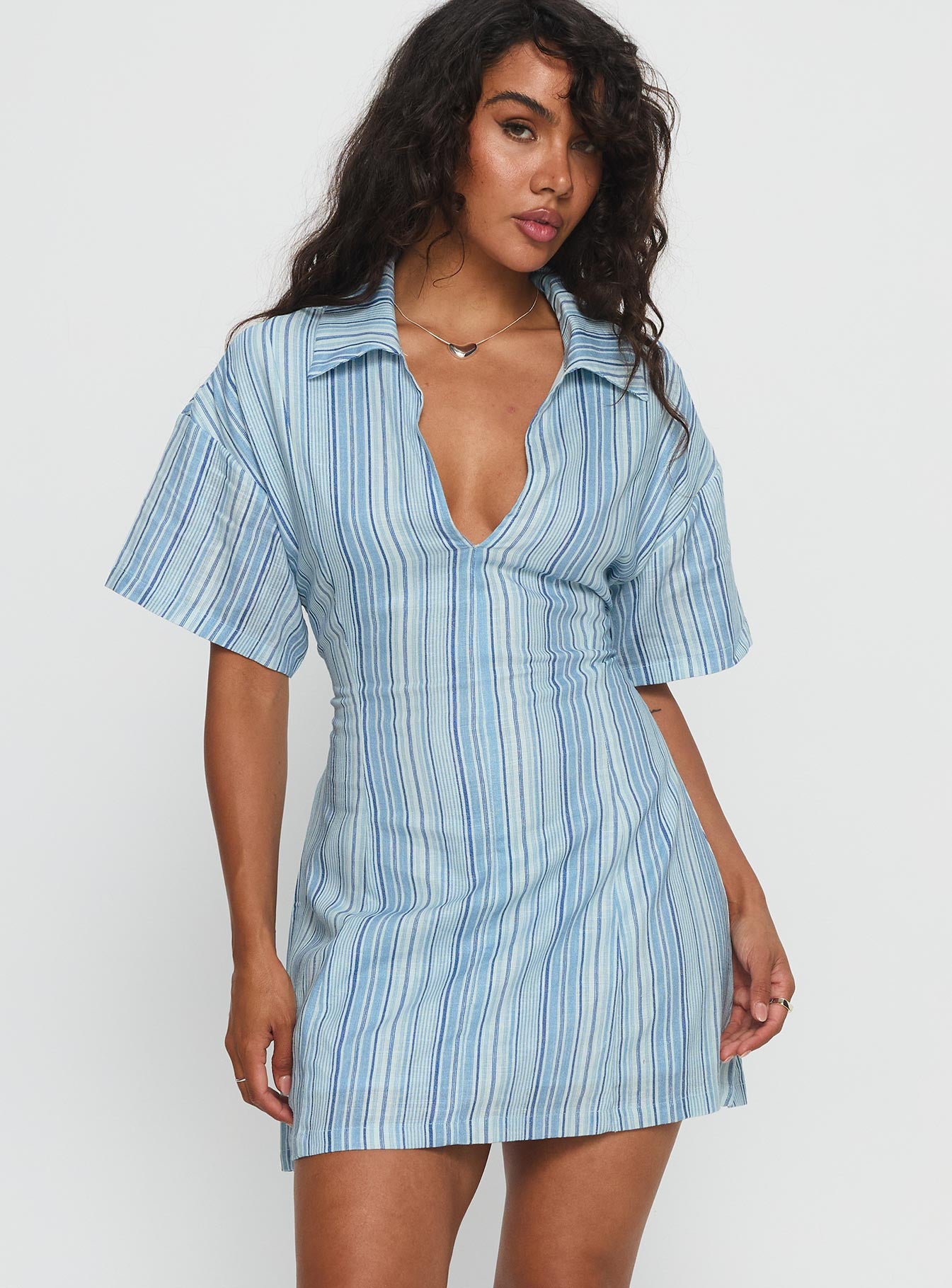 Wylla V Neck Linen Mini Dress Blue Stripe - Image 2