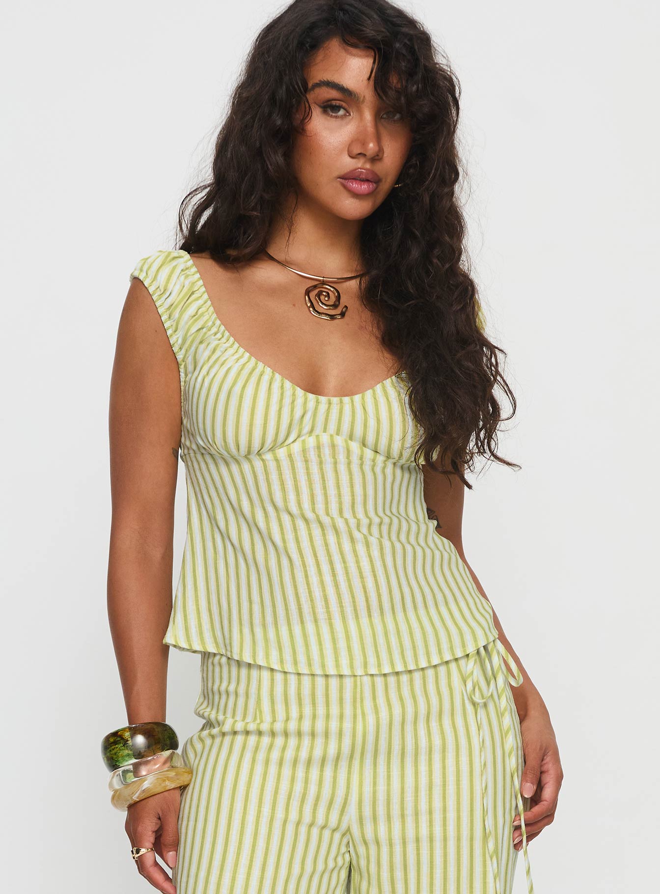 Alternative view of With Pleasure Puff Sleeve Linen Blouse Top Green / Blue Stripe