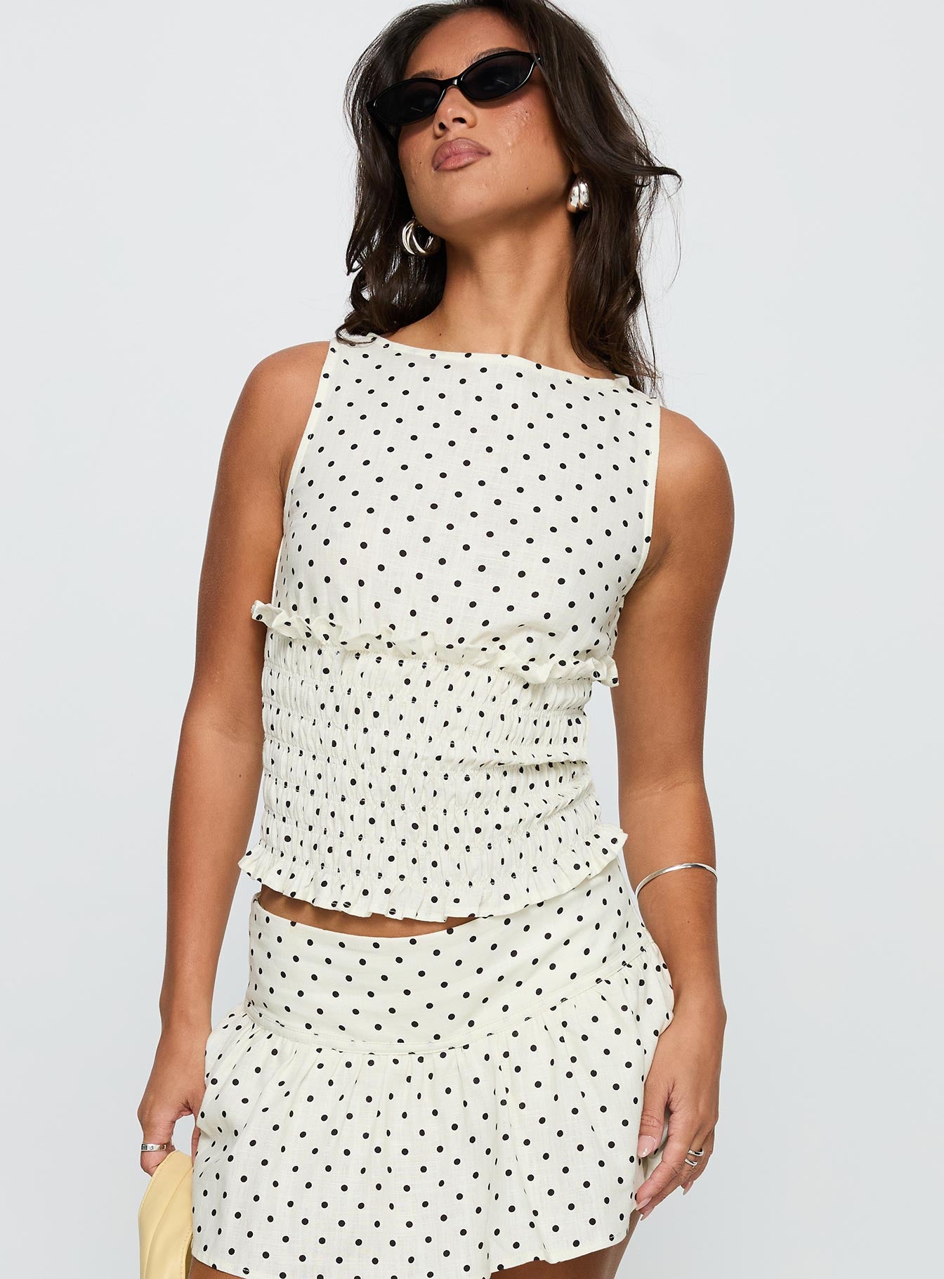 Alternative view of Roxee Ruched Linen Blend Top Cream Polka Dot
