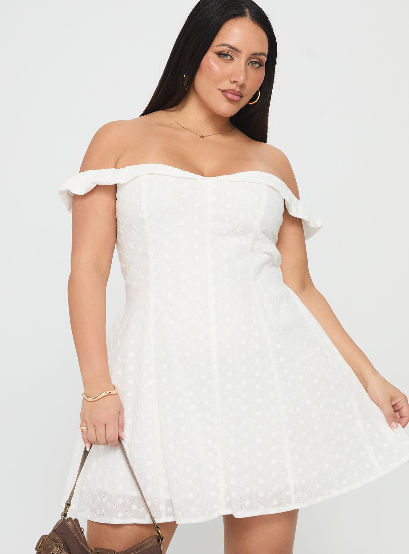 Alternative view of Rosebud Broderie Off The Shoulder Mini Dress White Curve