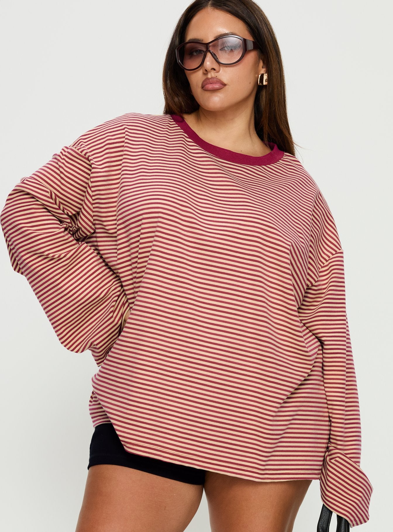 Alternative view of Settle Down Long Sleeve Top Lemon / Burgundy Stripe Curve