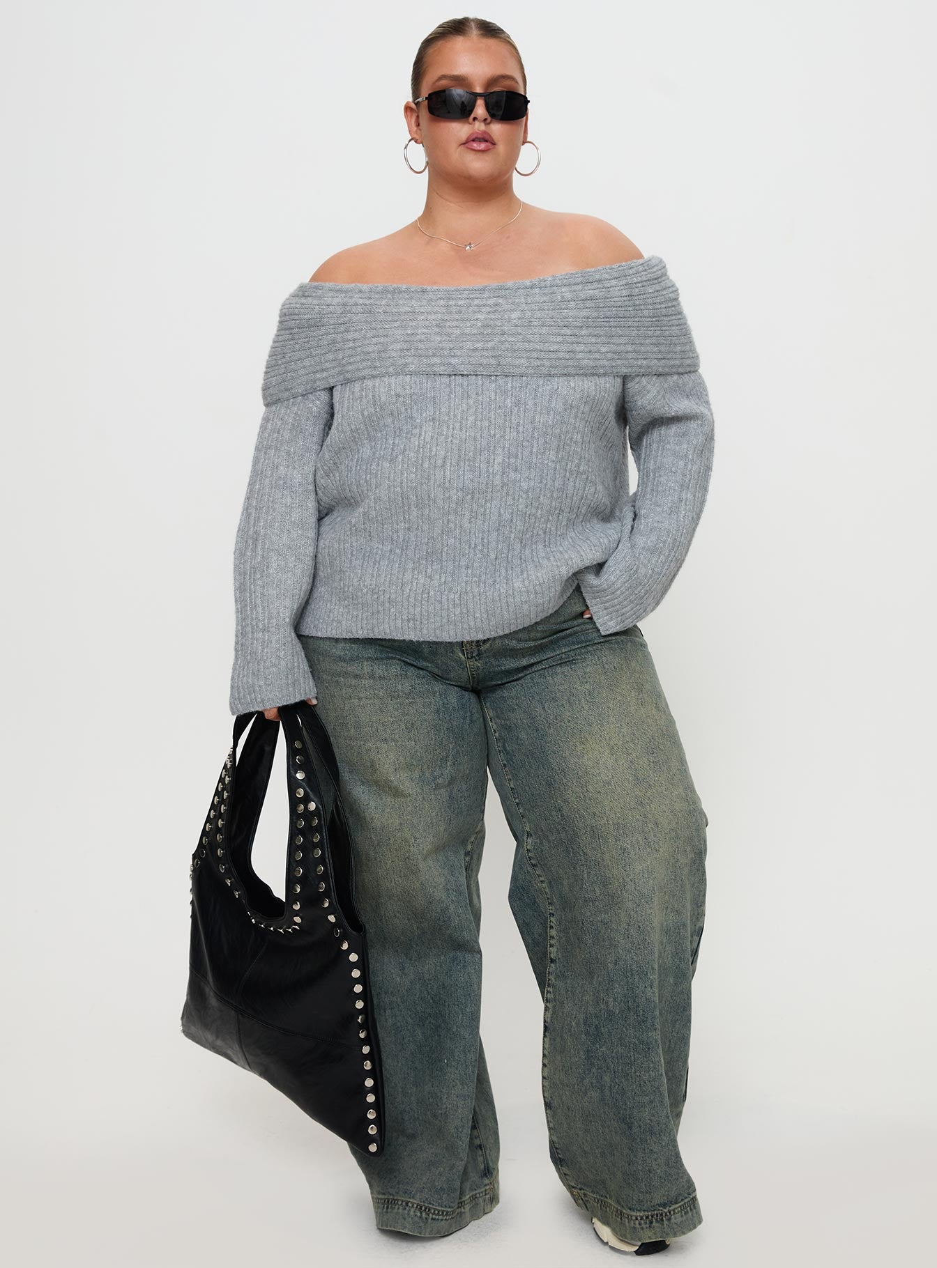 Alternative view of Snowie Off Shoulder Knit Sweater Grey Curve