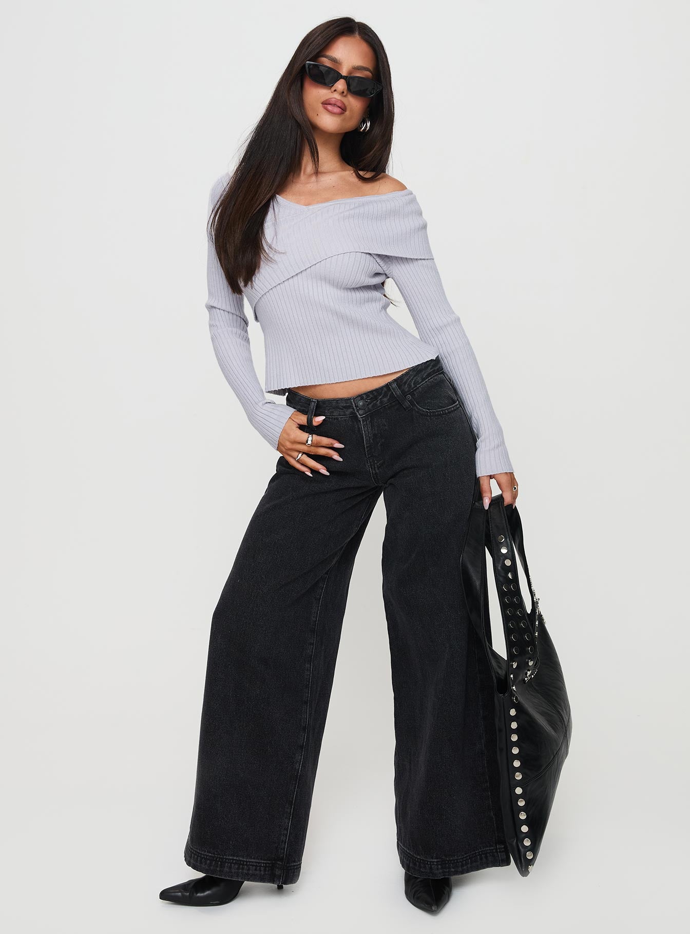 Ribbon Stamp Low Rise Wide Leg Jeans Washed Black - Image 3