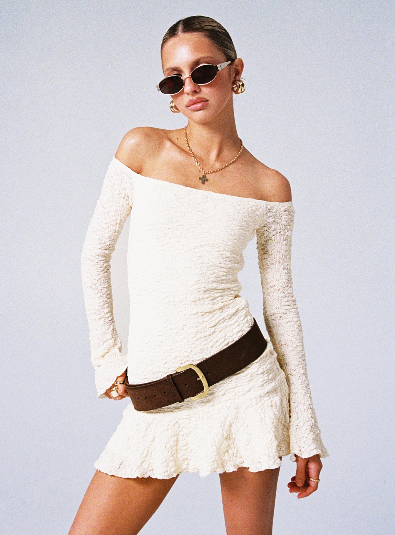 Vancesca Off Shoulder Long Sleeve Mini Dress Cream - Image 10