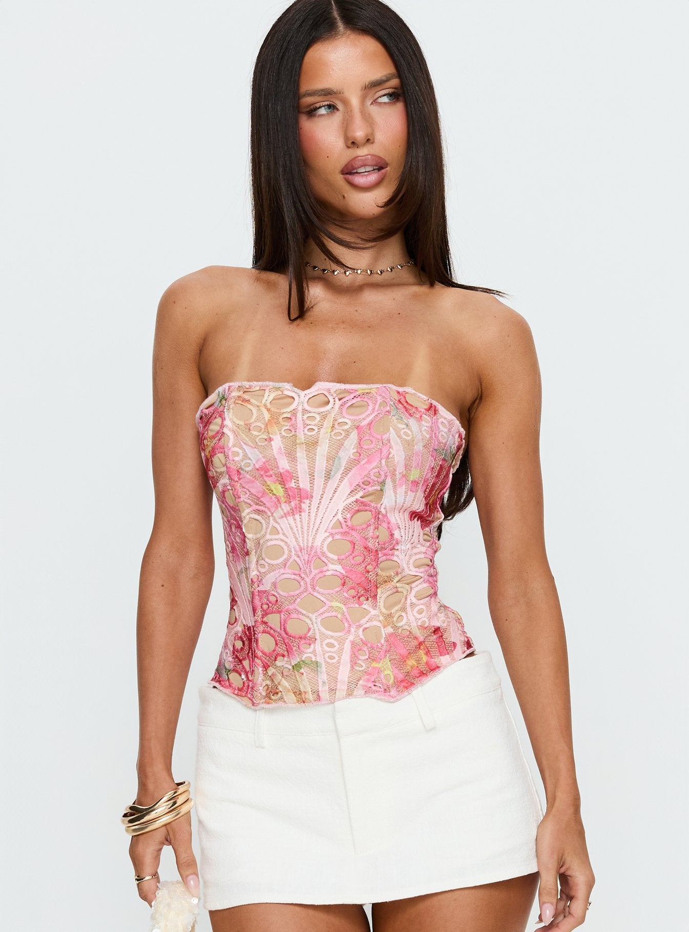 Alternative view of Raynelle Strapless Tie Back Corset Top Pink Multi