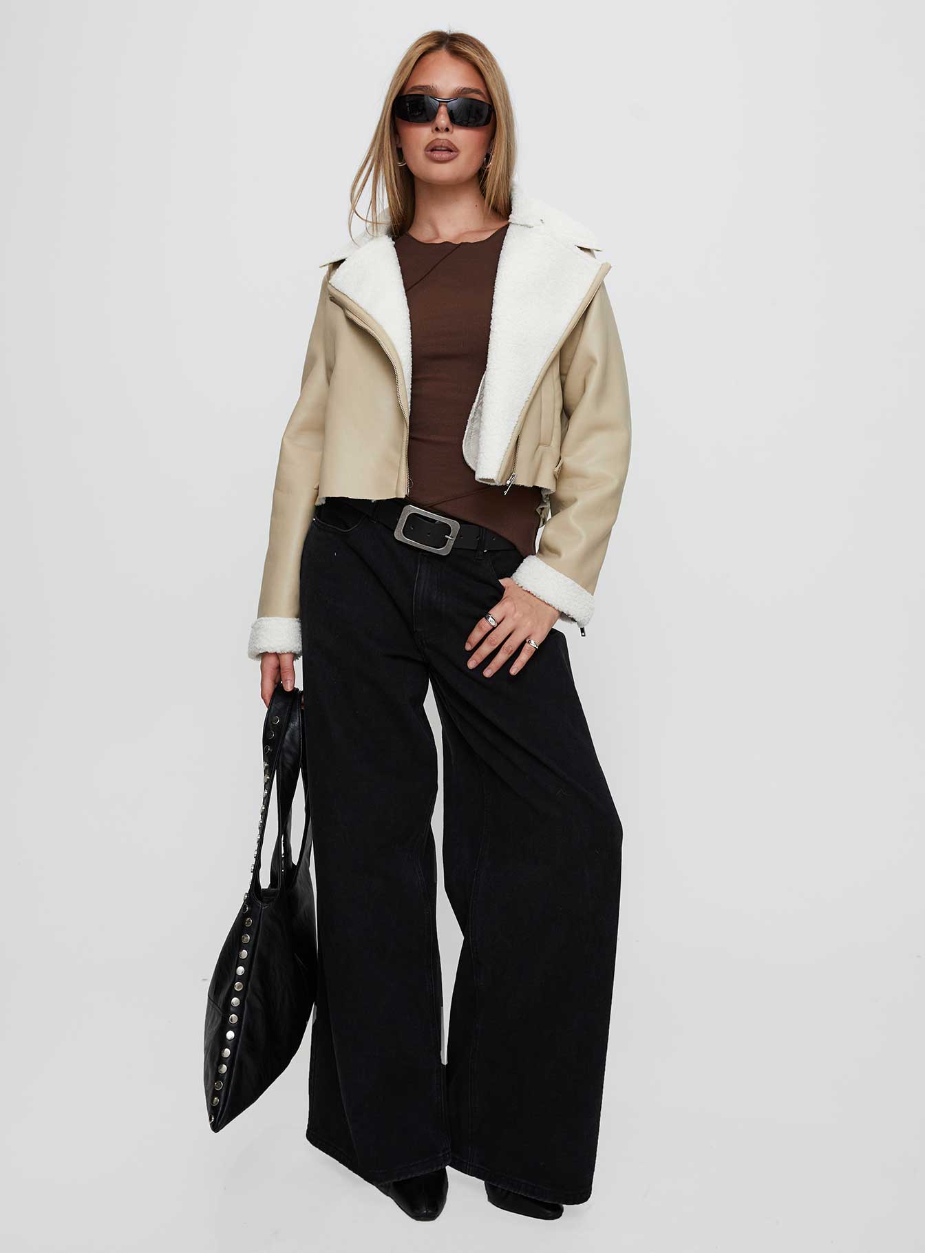 Alternative view of Shearling Trim Faux Leather Jacket Beige