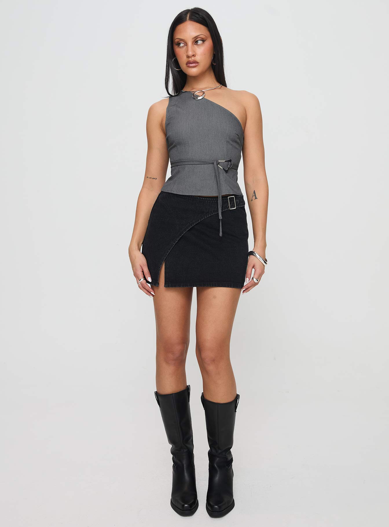 Wait Up Denim Wrap Mini Skirt Washed Black - Image 3