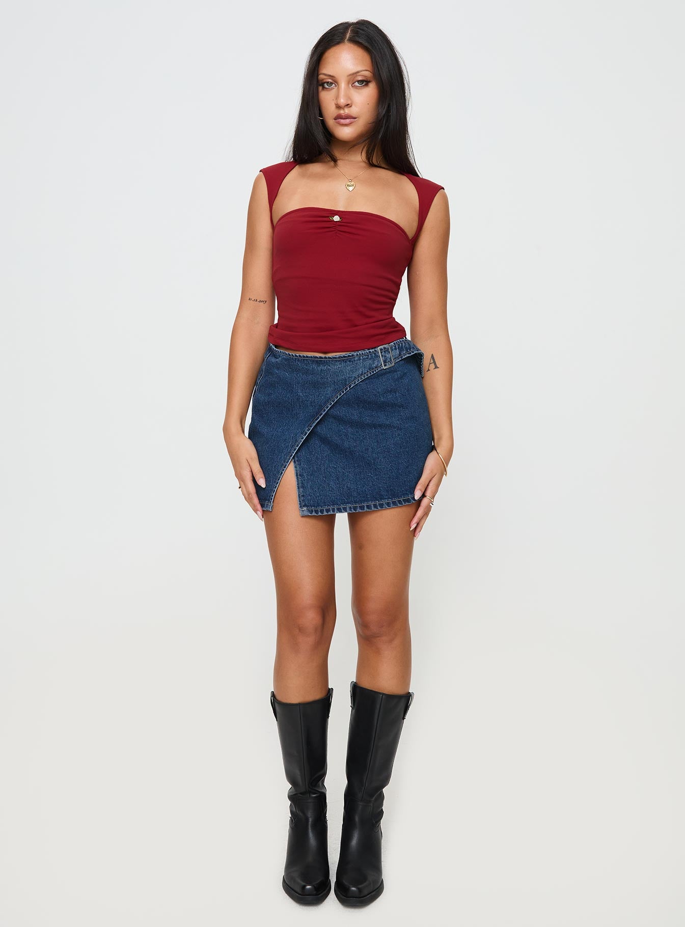 Wait Up Denim Wrap Mini Skirt Mid Wash - Image 3