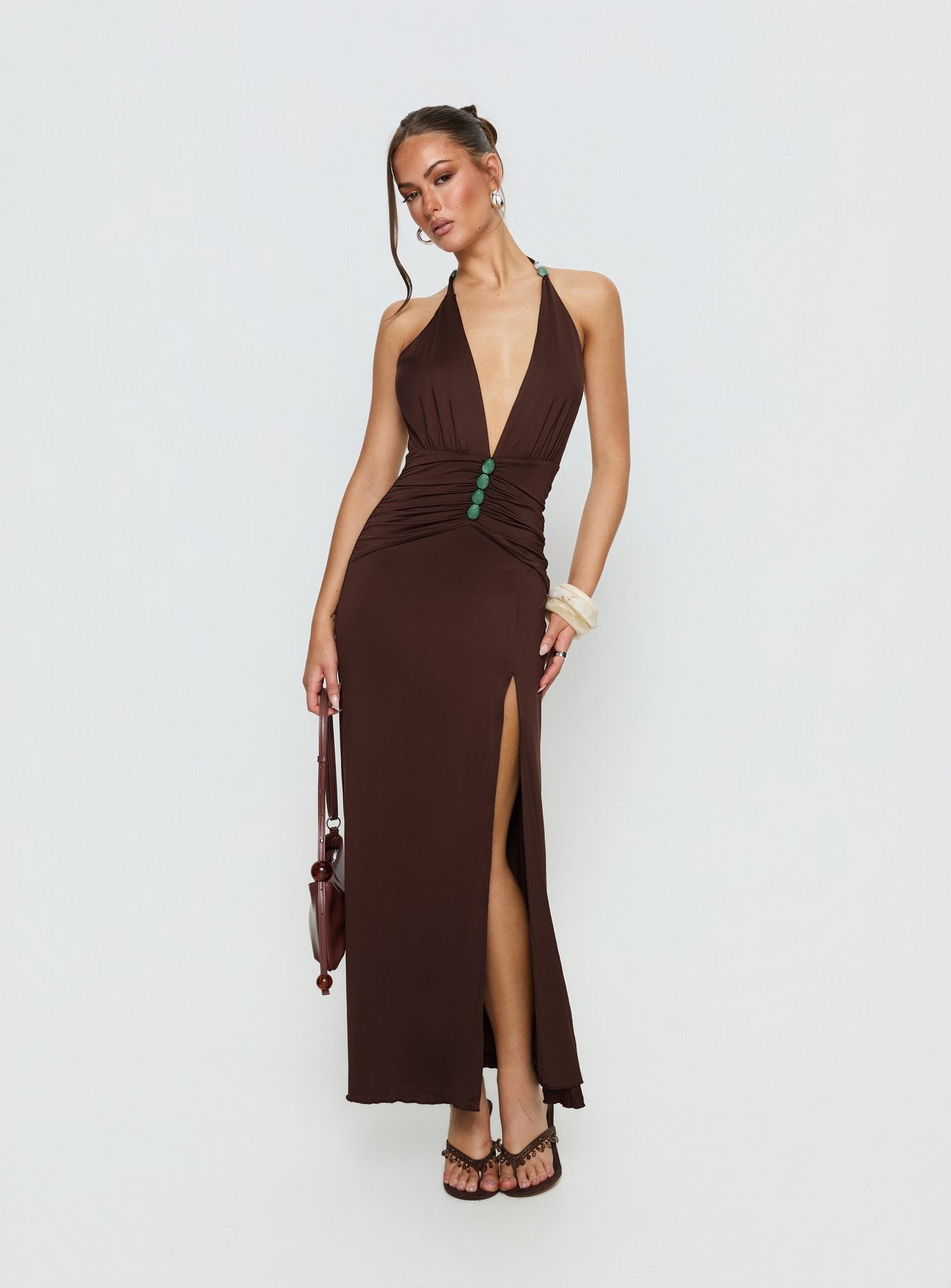 Sasami Halter Plunge Maxi Dress Chocolate - Image 3