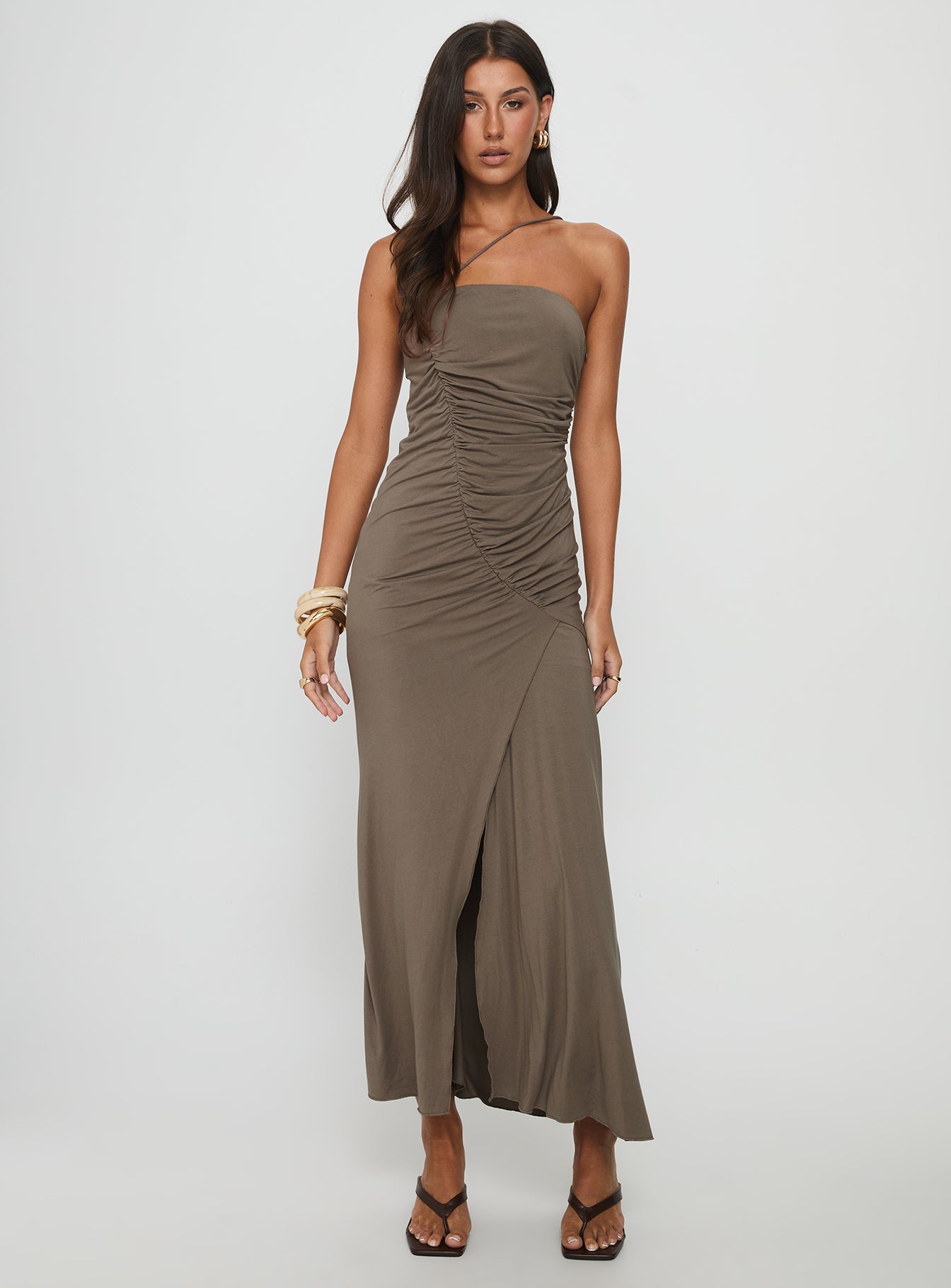 Alternative view of Romanie One Shoulder Ruched Maxi Dress Taupe