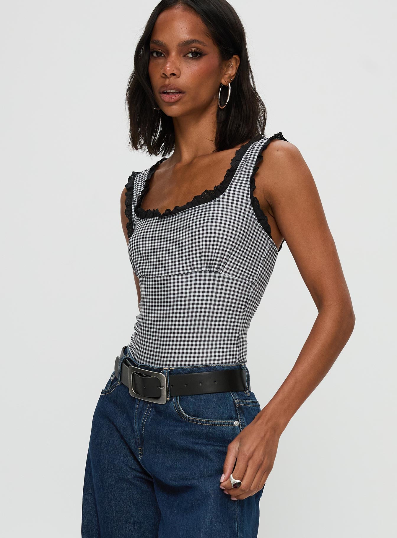 Trustfund Lace Trim Bodysuit Black / White Check - Image 3