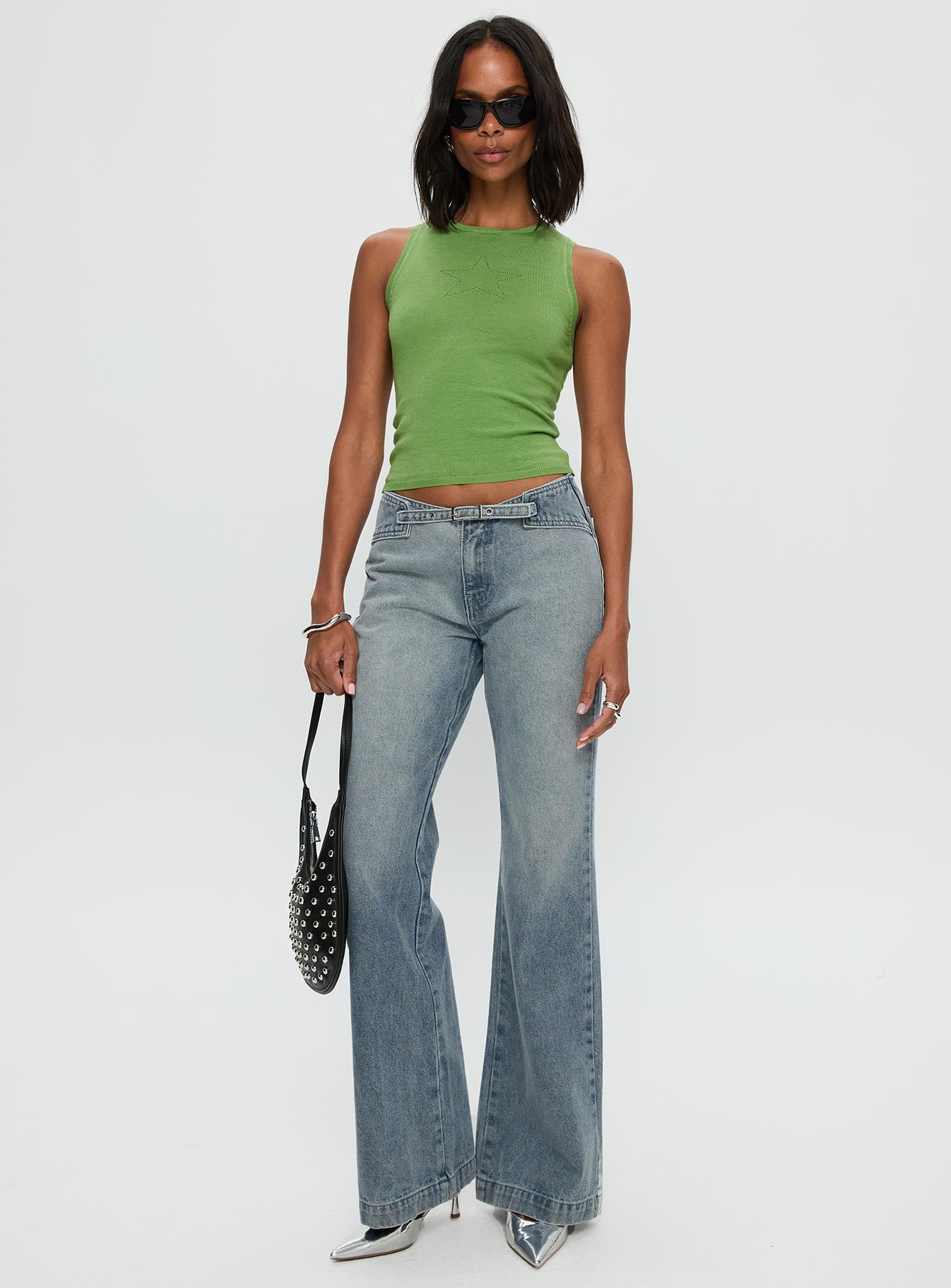 Slow Ride Mid Rise Bootleg Belted Jeans Light Blue - Image 3