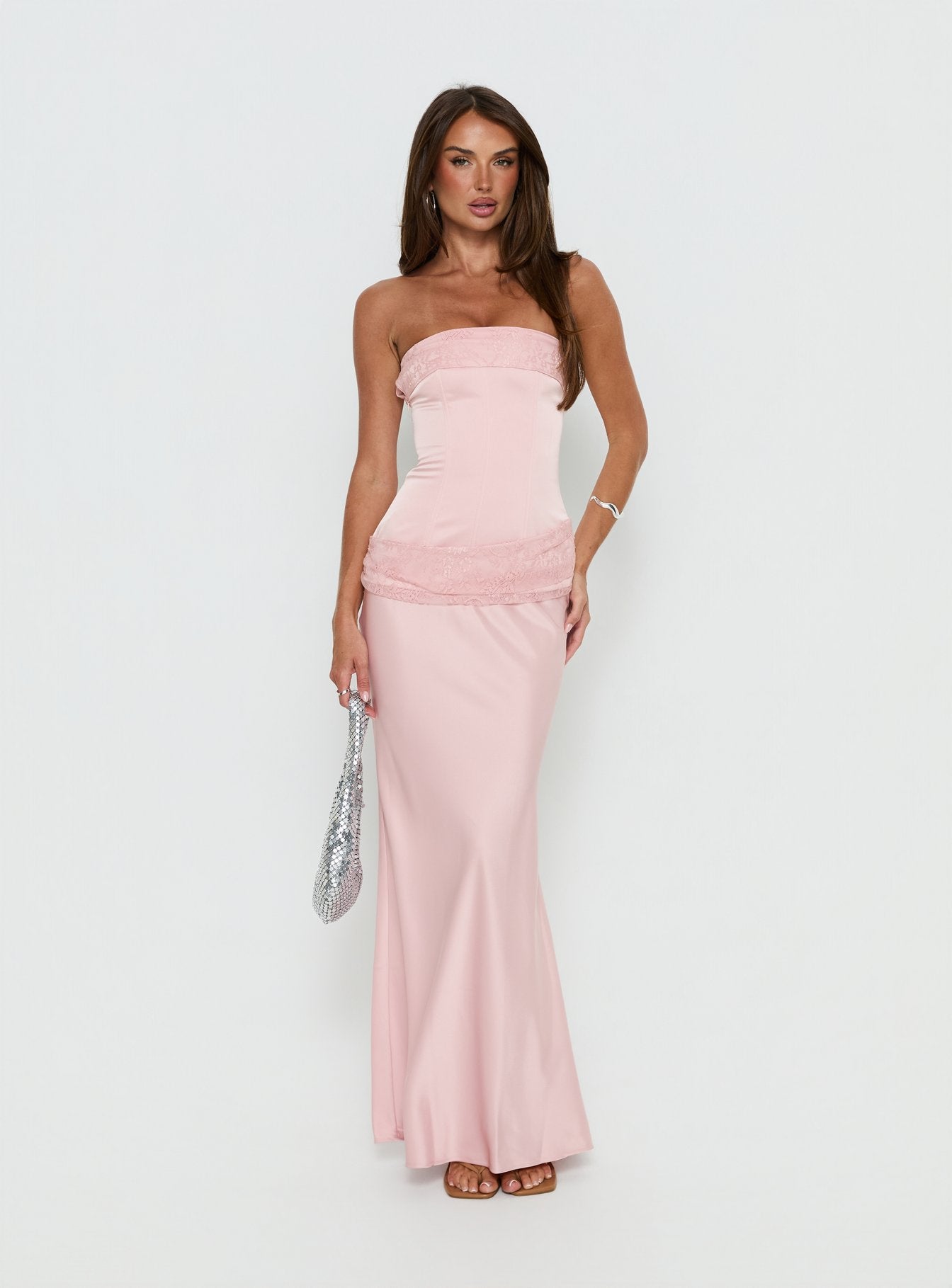 Sura Strapless Lace Detail Maxi Dress Pink - Image 3