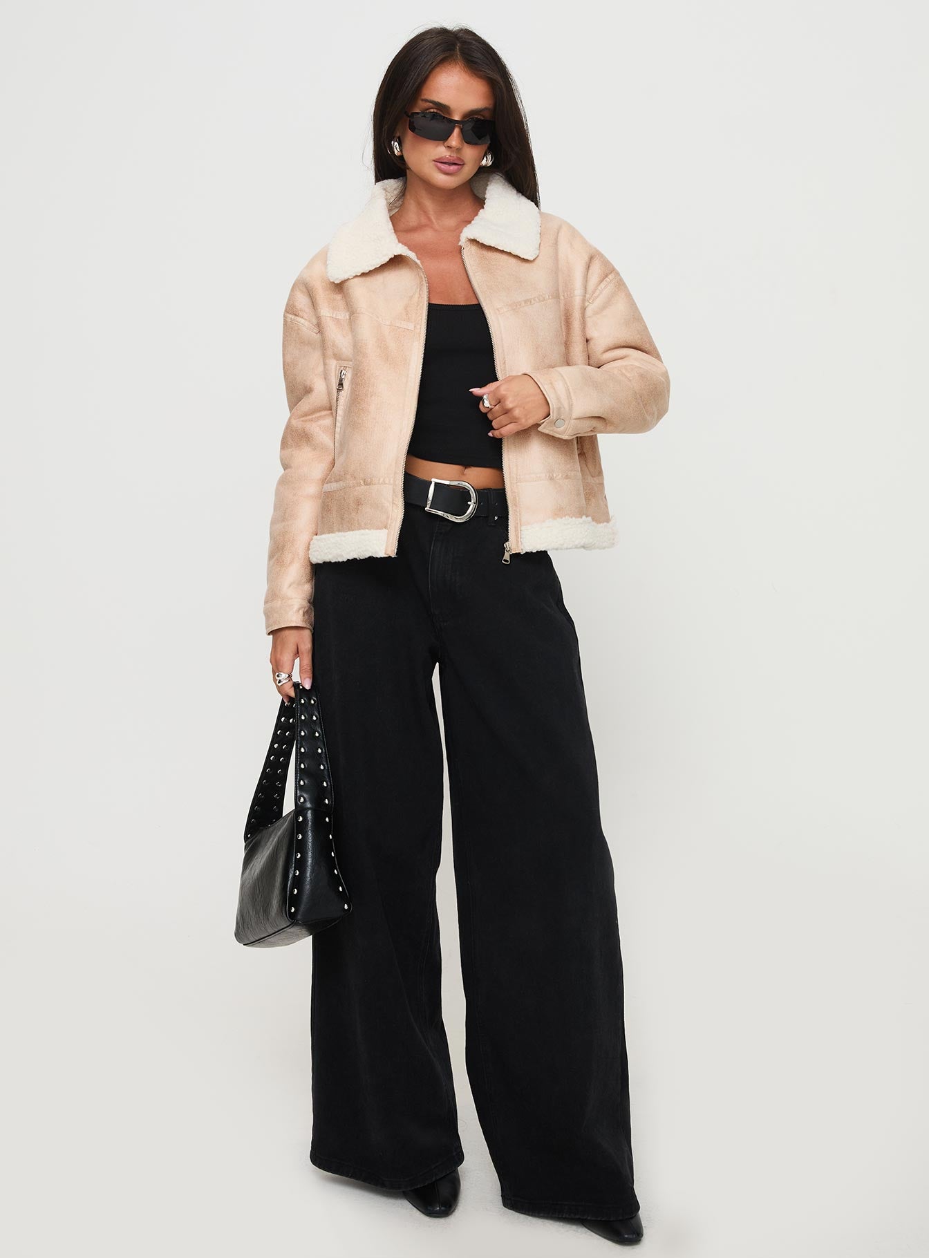 Solara Faux Leather Shearling Jacket Beige - Image 3