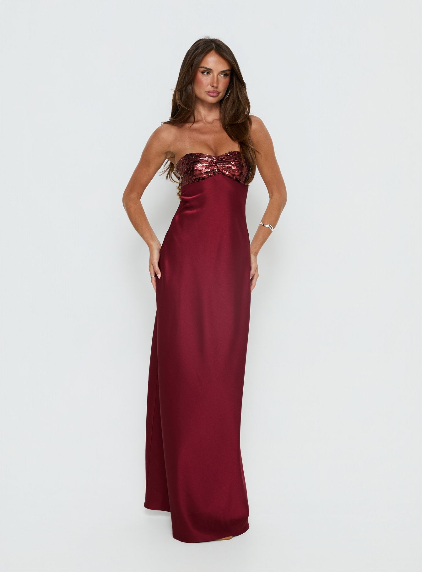 See The Vision Sequin Bust Strapless Maxi Dress Burgundy - Image 3