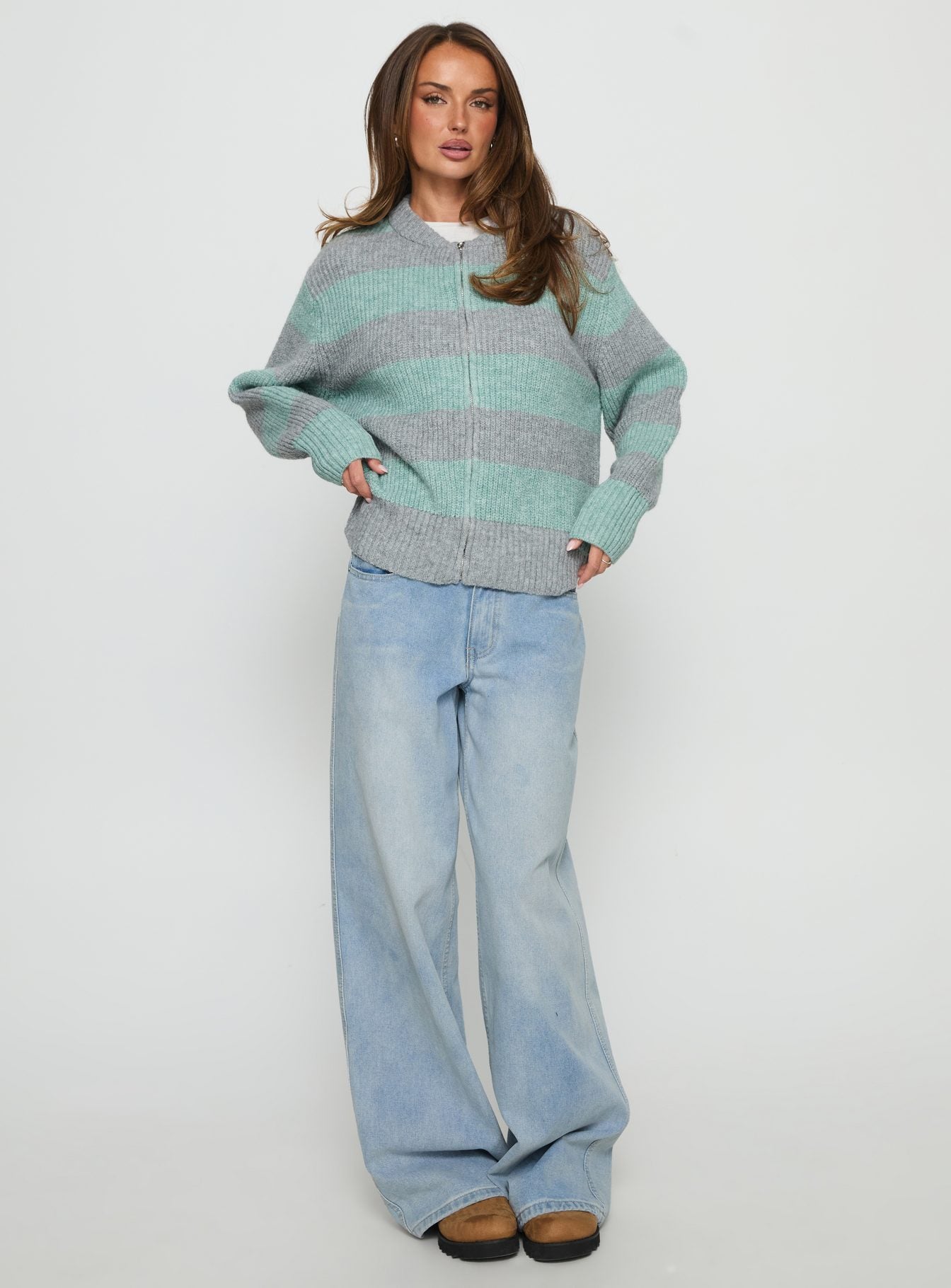 Queena Zip Through Knit Sweater Grey / Blue Stripe - Image 3