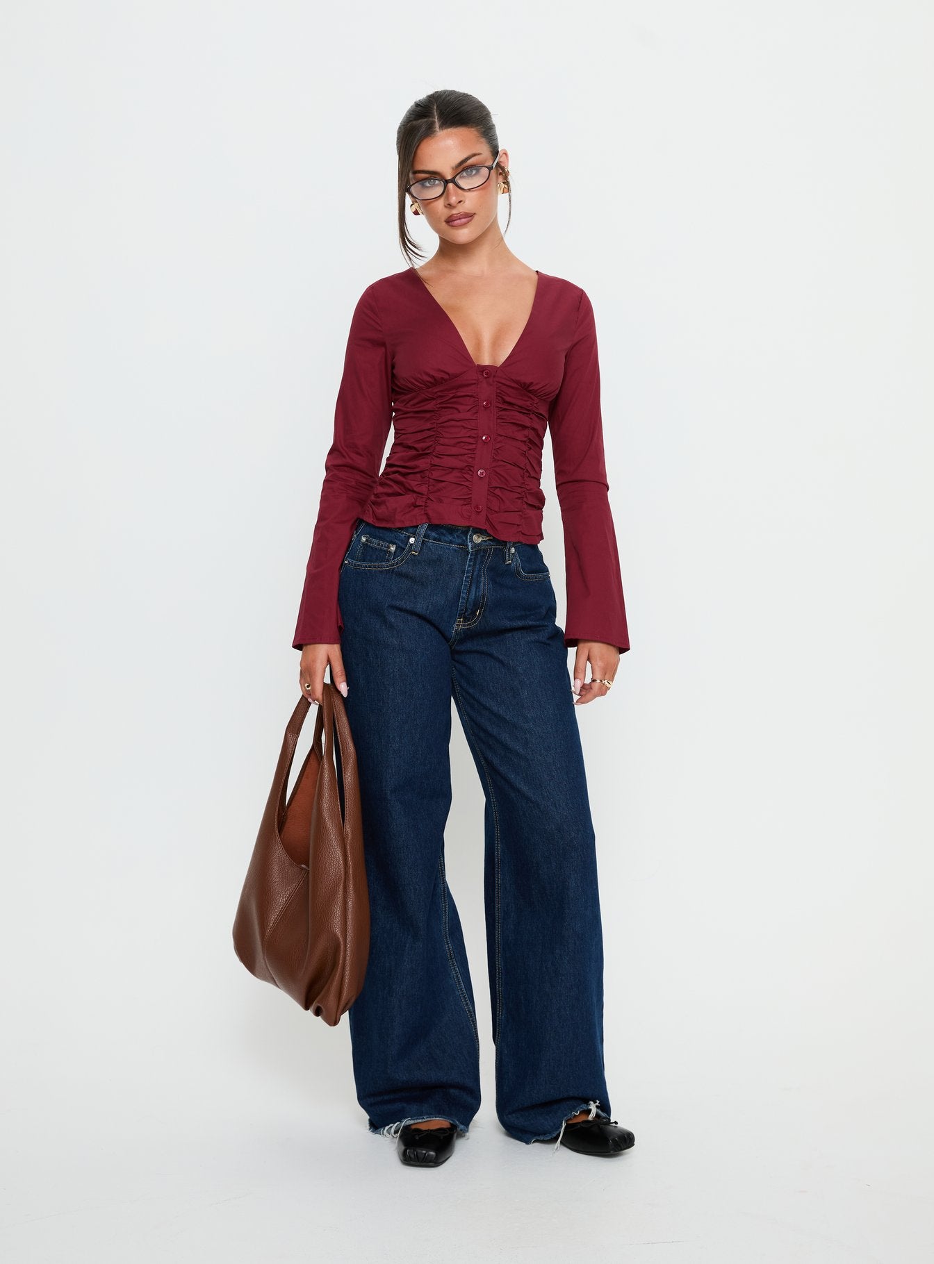 Alternative view of Zanetta Ruched Long Sleeve Top Burgundy