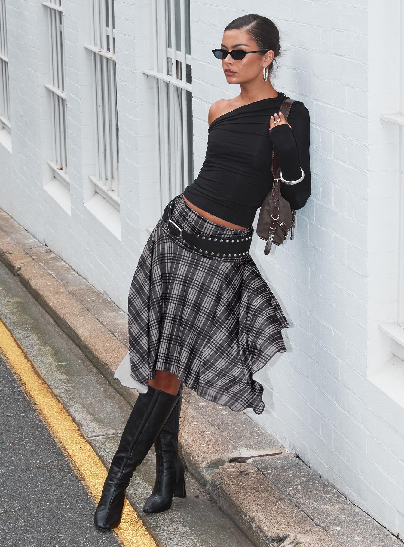 Alternative view of Scholar Asymmetrical Midi Skirt Grey Check