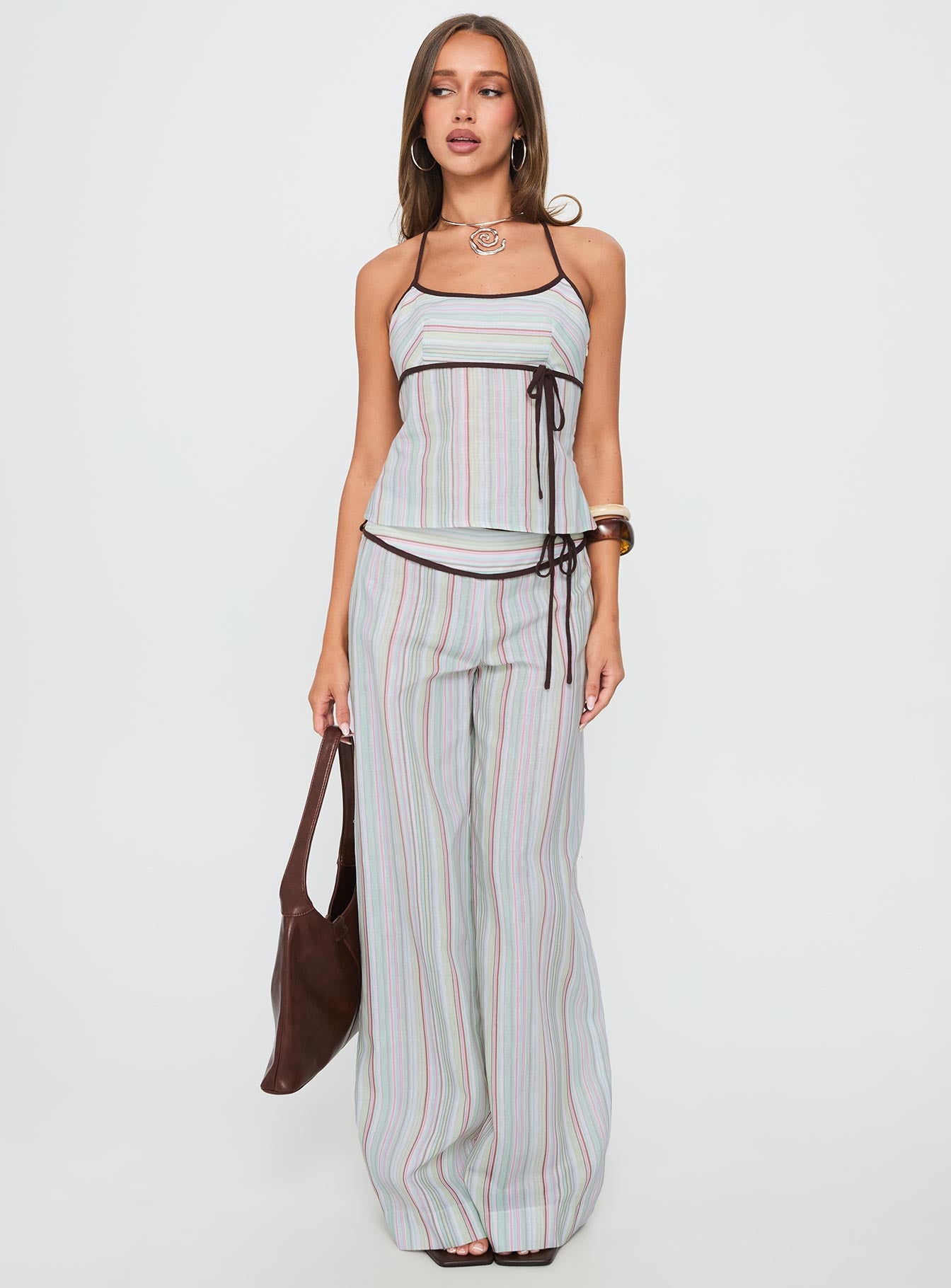 Taylar Thick Waistband Tie Pants Green Stripe - Image 3