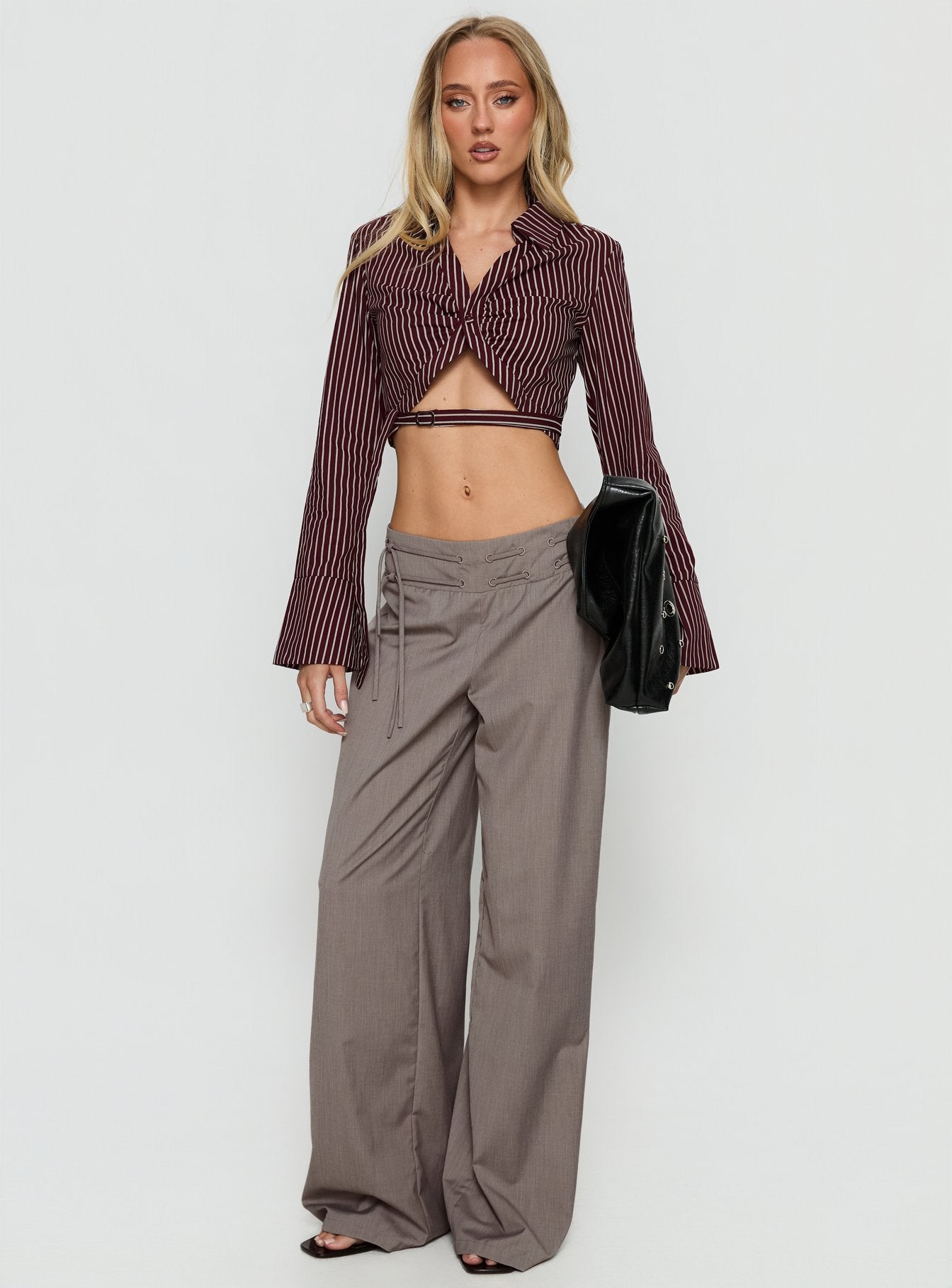 Alternative view of Anslee Wrap Detail Cropped Long Sleeve Top Burgundy Stripe