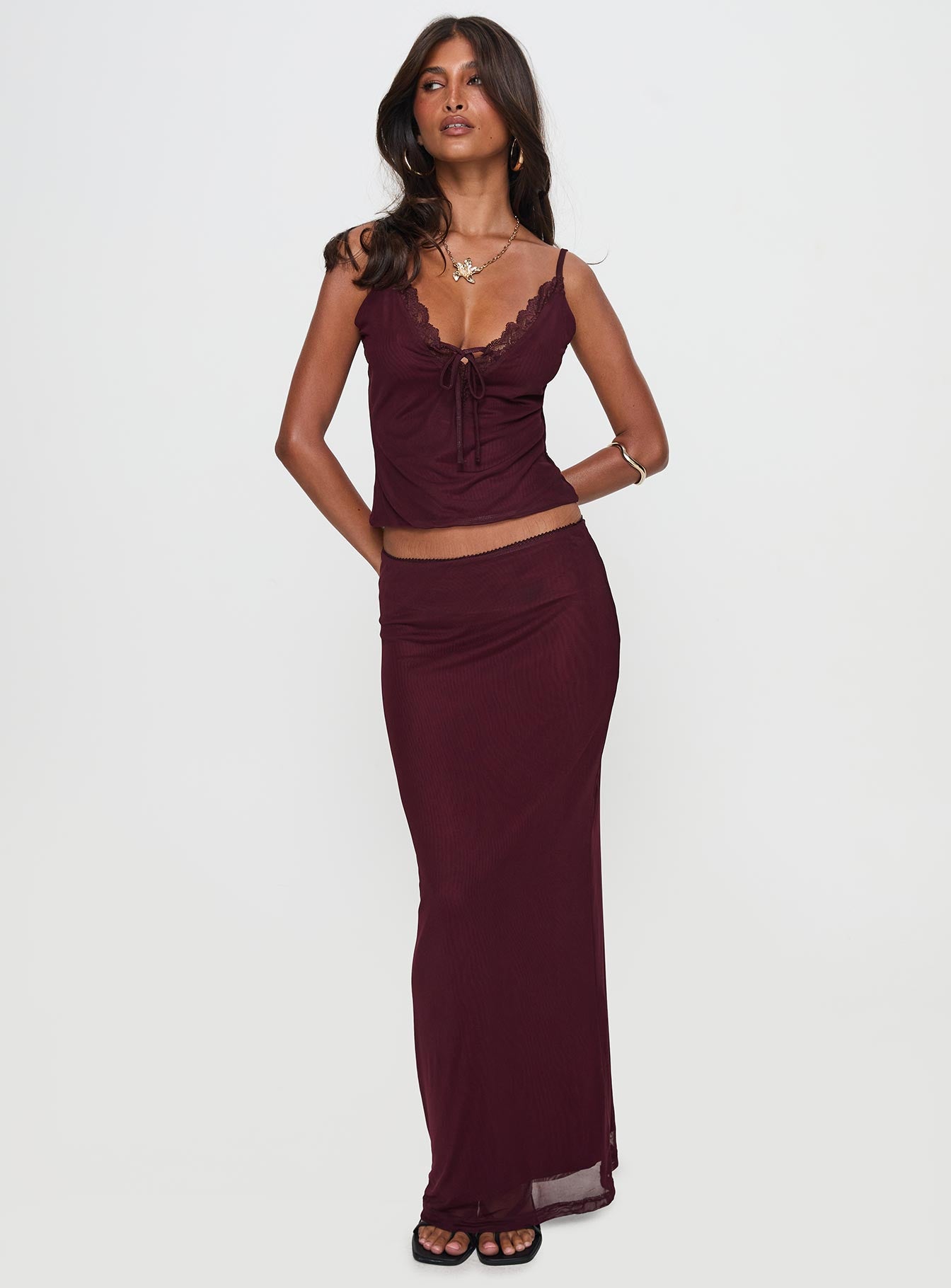 Reiko Lace Trim Tie Front Maxi Set Burgundy - Image 2