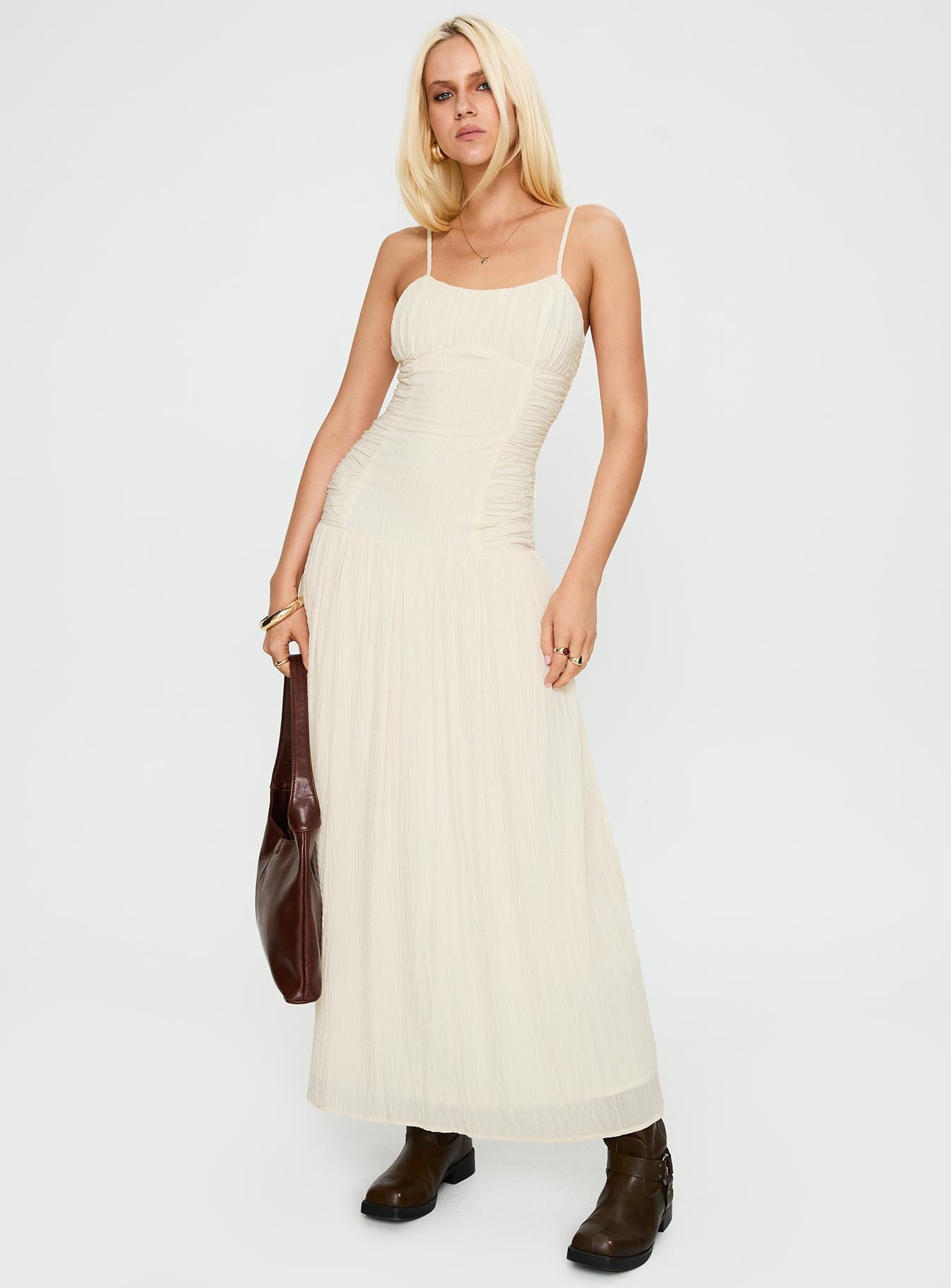 Quinley Shirred Maxi Dress Cream - Image 3